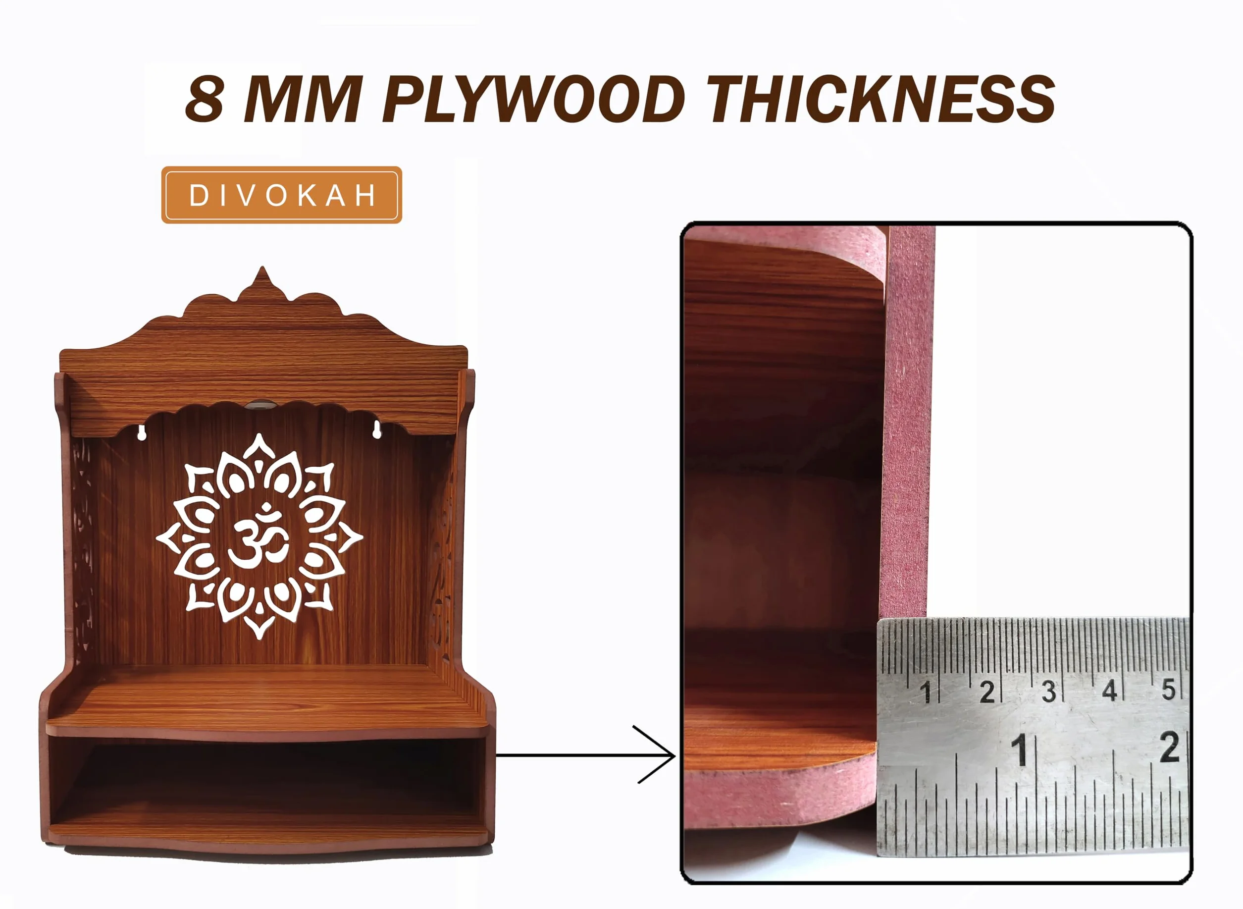 DIVOKAH Bellissimo Pooja Mandir w drewnie do domu i biura z lampką LED 8 mm