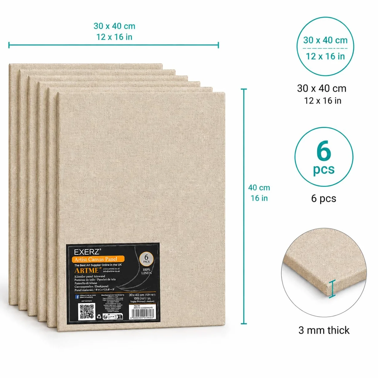 Pannelli in tela 100% lino 30x40cm 320 g/m² tripla primer per artisti