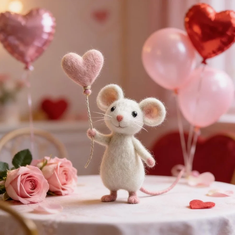 Topolino infeltrito ad ago, regalo di San Valentino, affascinante statuetta di topi in feltro fatti a mano, ornamento per topi in feltro a più livelli, decorazione da tavolo, per decorazioni