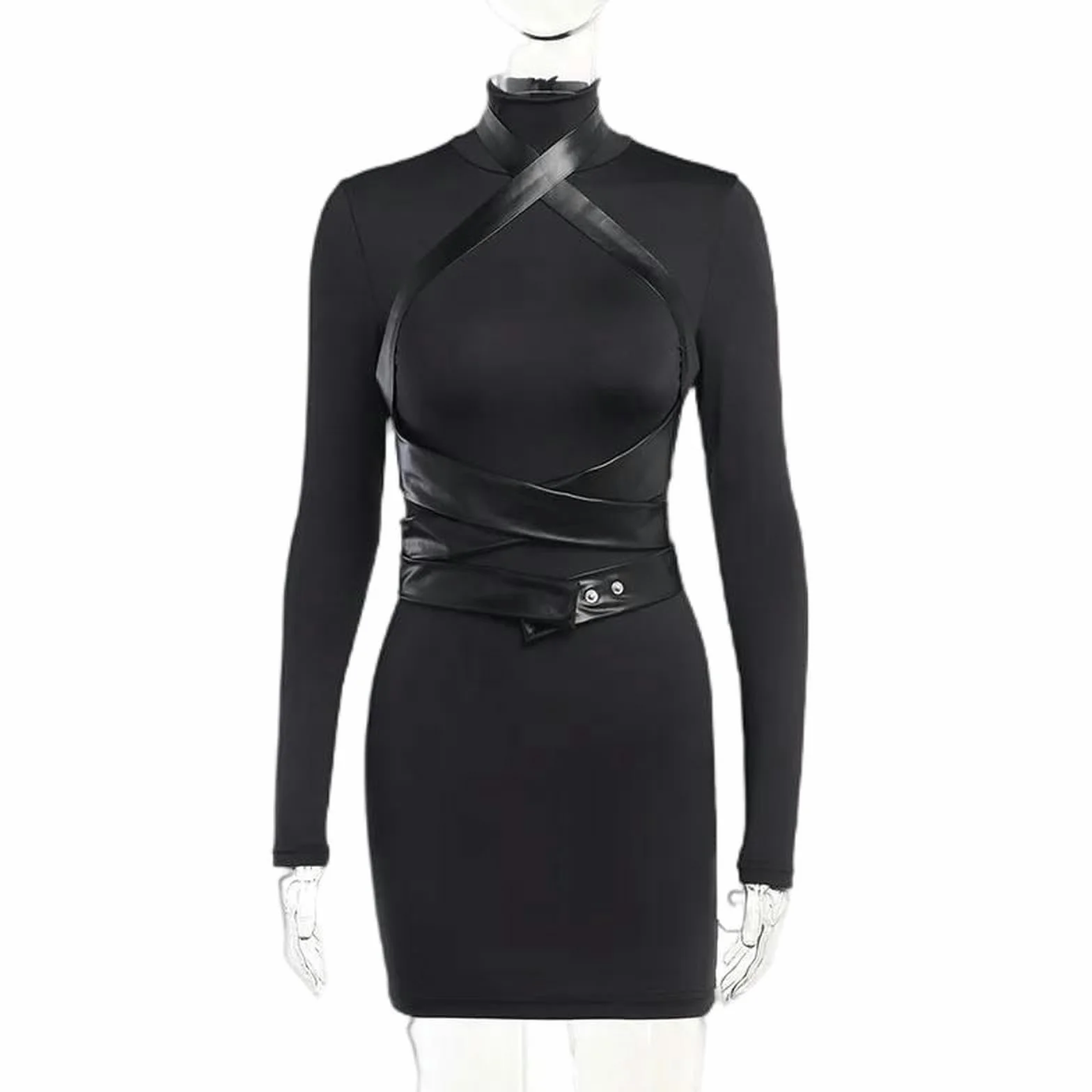 Harajuku Y2k Abito Aderente Donna Dark Gothic Streetwear Similpelle Fasciatura Vita Alta Corsetto Nero