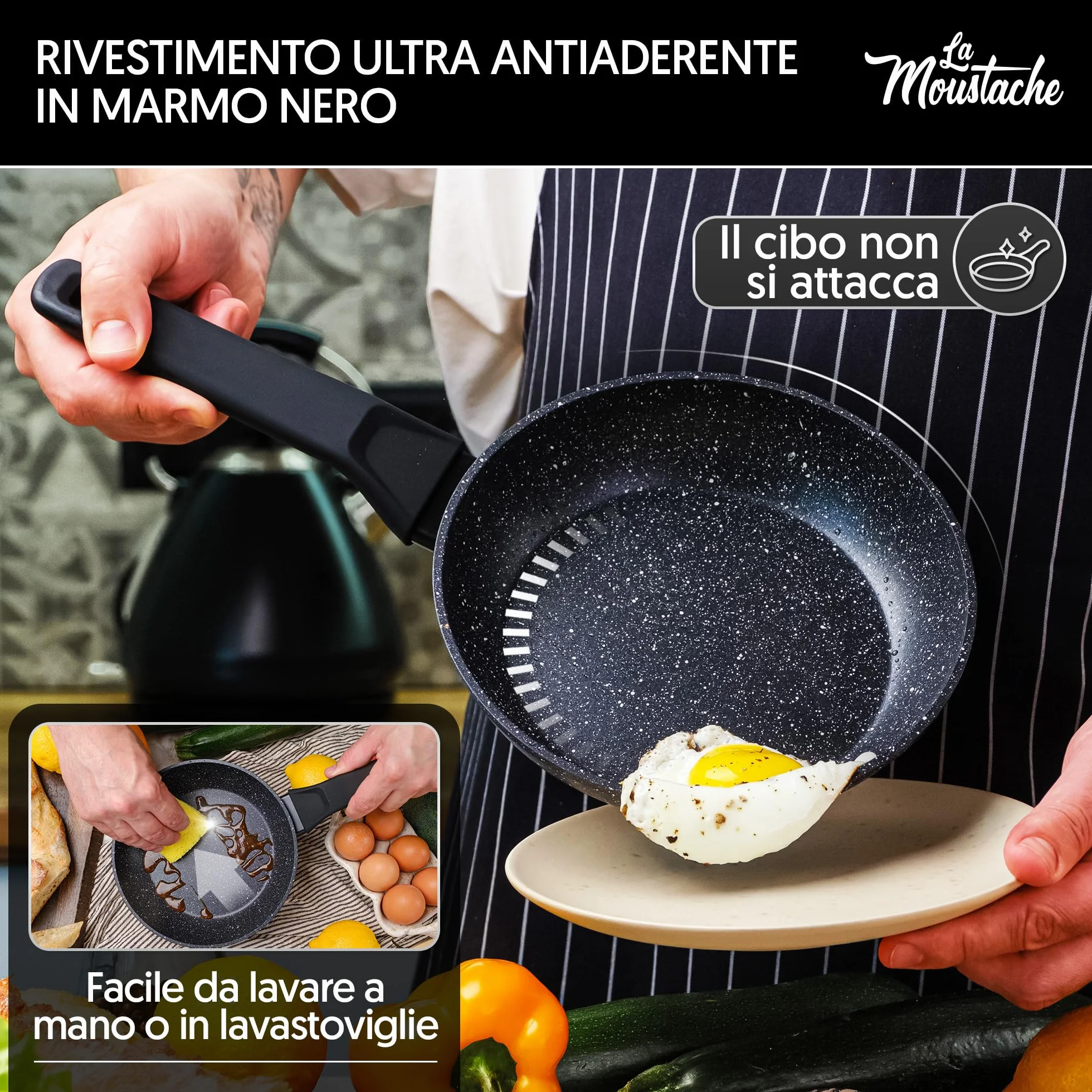 La Moustache Batteria di Pentole 8 Pezzi a Induzione in Alluminio Antiaderente Set Casseruole Coperchi Padelle Manici Bakelite Onix