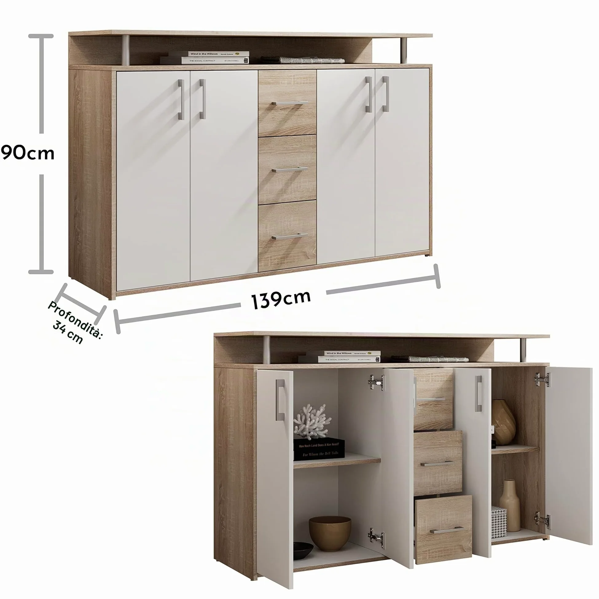 DRIFT, Credenza con ripiano simil rovere sonoma, bianco, elegantea e capiente credenza con cassettiera per la vostra zona giorno; 139 x 90 x 34 cm (L x A x P)