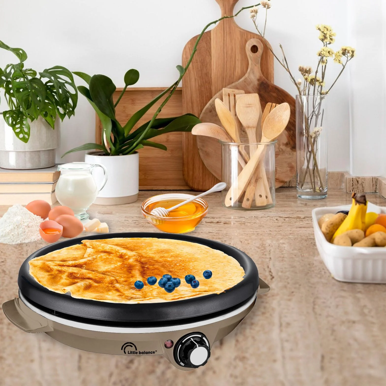 LITTLE BALANCE Crepiera Duo 2 in 1 Elettrica 1000W Piastre Rimovibili Antiaderenti Termostato Regolabile Noce Moscata