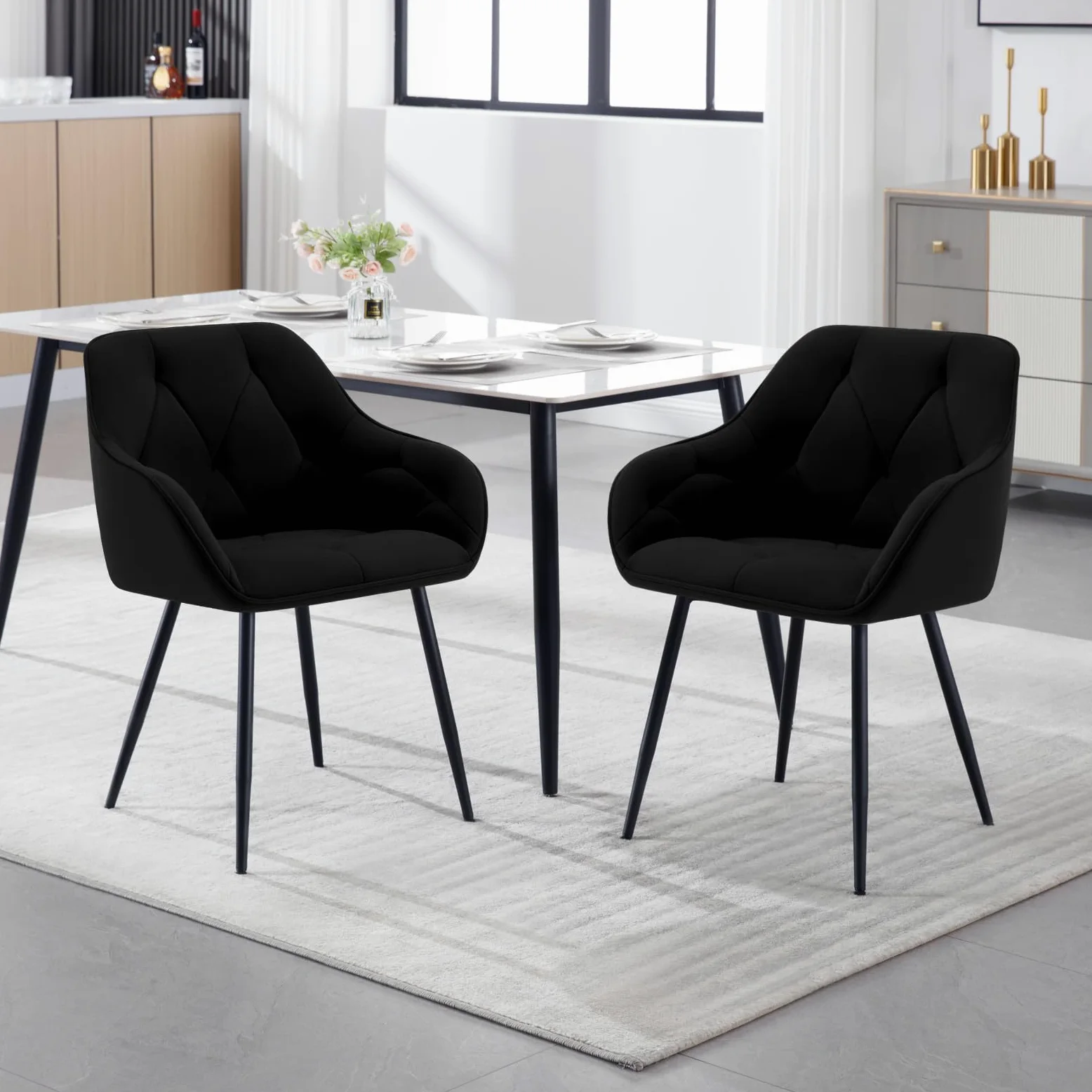 WOLTU Set di 6 Sedie da Pranzo con Braccioli e Schienale, Sedie Cucina Moderna in Velluto, Poltrone da Salotto con Gambe in Metallo, Sedie ergonomiche per Ufficio, Bar, Nero,