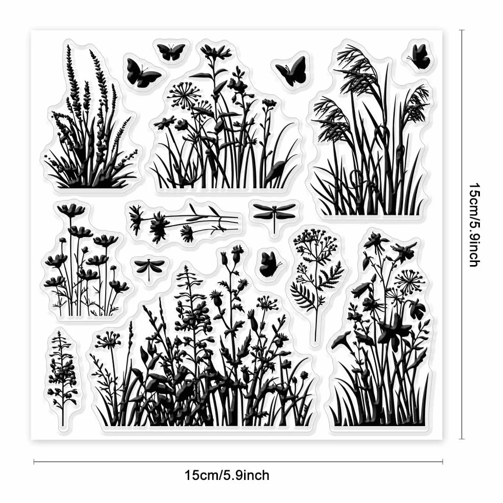 GLOBLELAND Fiori Canne D'Erba Timbri Trasparenti per Fai Da Te Scrapbooking Fiori di Campo Sigilli per Timbri Trasparenti In Silicone 15x15 cm Francobolli Trasparenti per Carte Produzione Diario