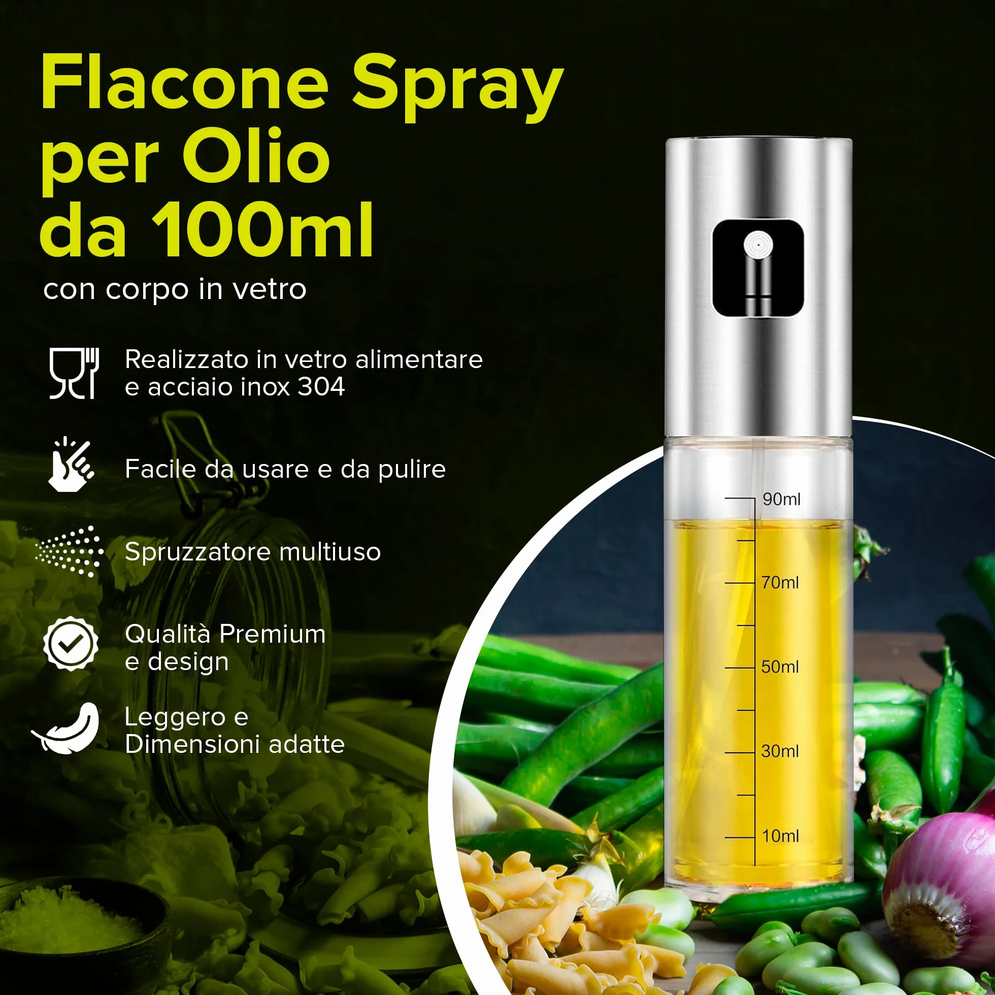 PORTENTUM Spruzzatore Olio Spray 100ml Antigoccia Oliera Vetro con Dispenser