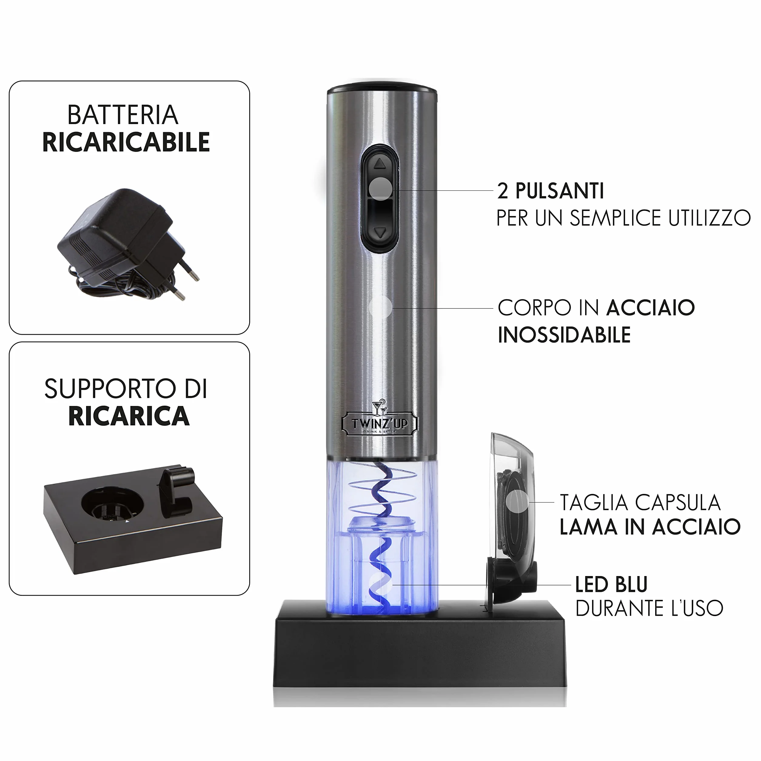 Twinz'Up Apribottiglie Elettrico Ricaricabile Cavatappi Elettrico per Vino con Taglia-Capsule