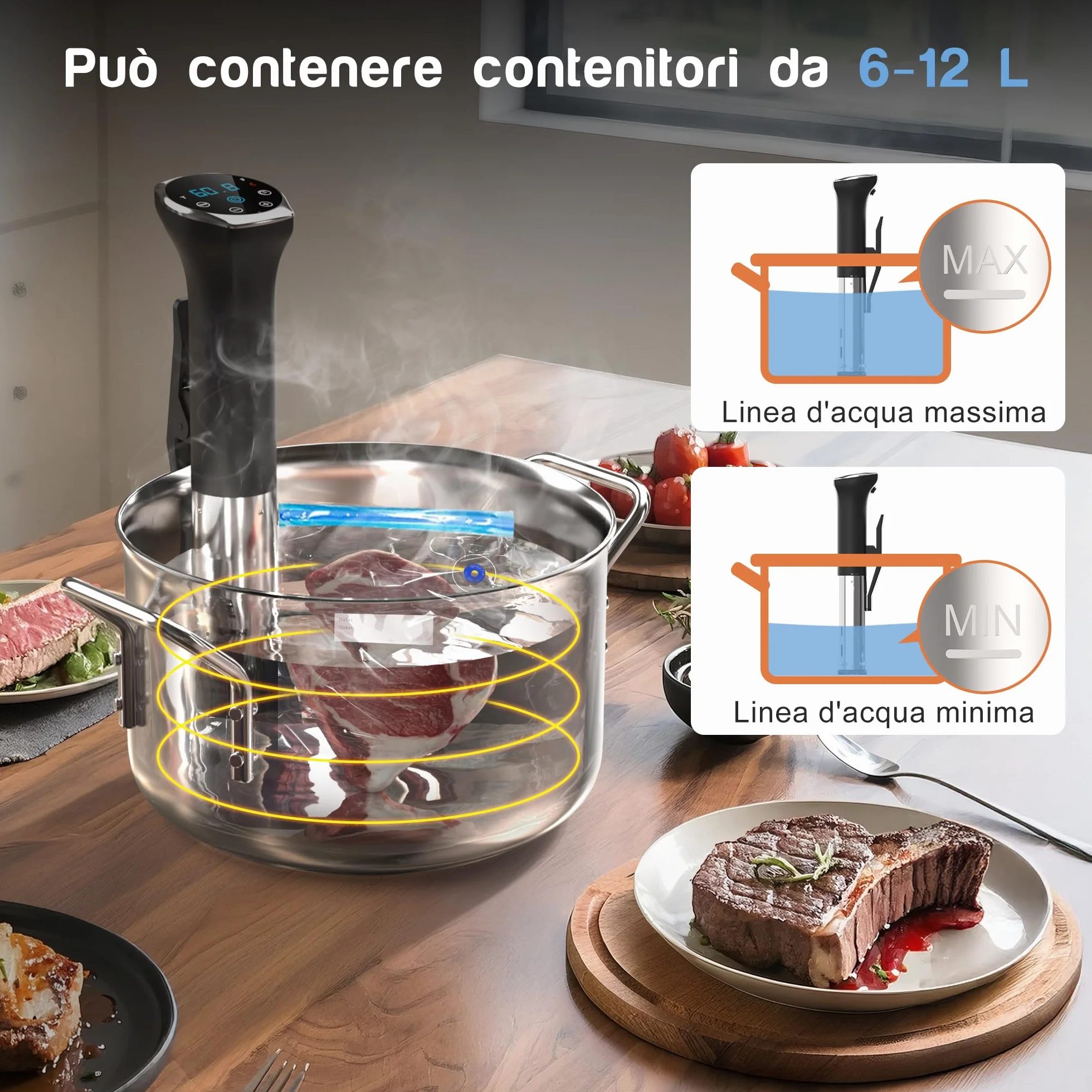 Sous Vide Roner Cucina a Bassa Temperatura Slow Cooker Circolatore IPX7, Touch Screen, Acciaio Inox, 10°C-90°C, 16A