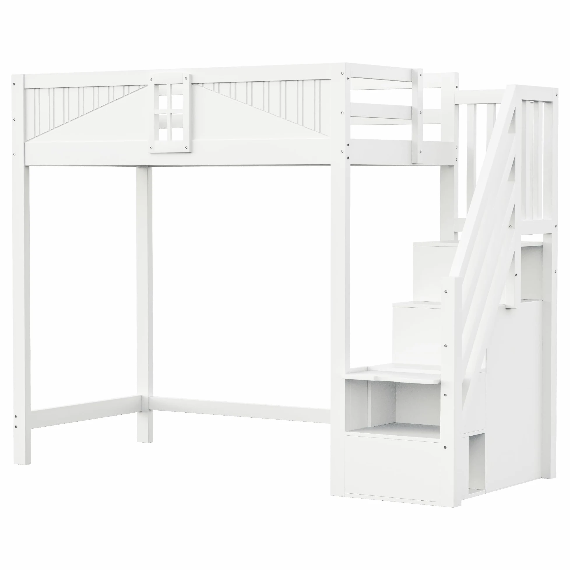 Azkoeesy Letto a soppalco per bambini con scala e armadio, 90 x 200 cm, in legno di pino, grigio-bianco, design a forma di finestra, per adulti e ragazzi (bianco)