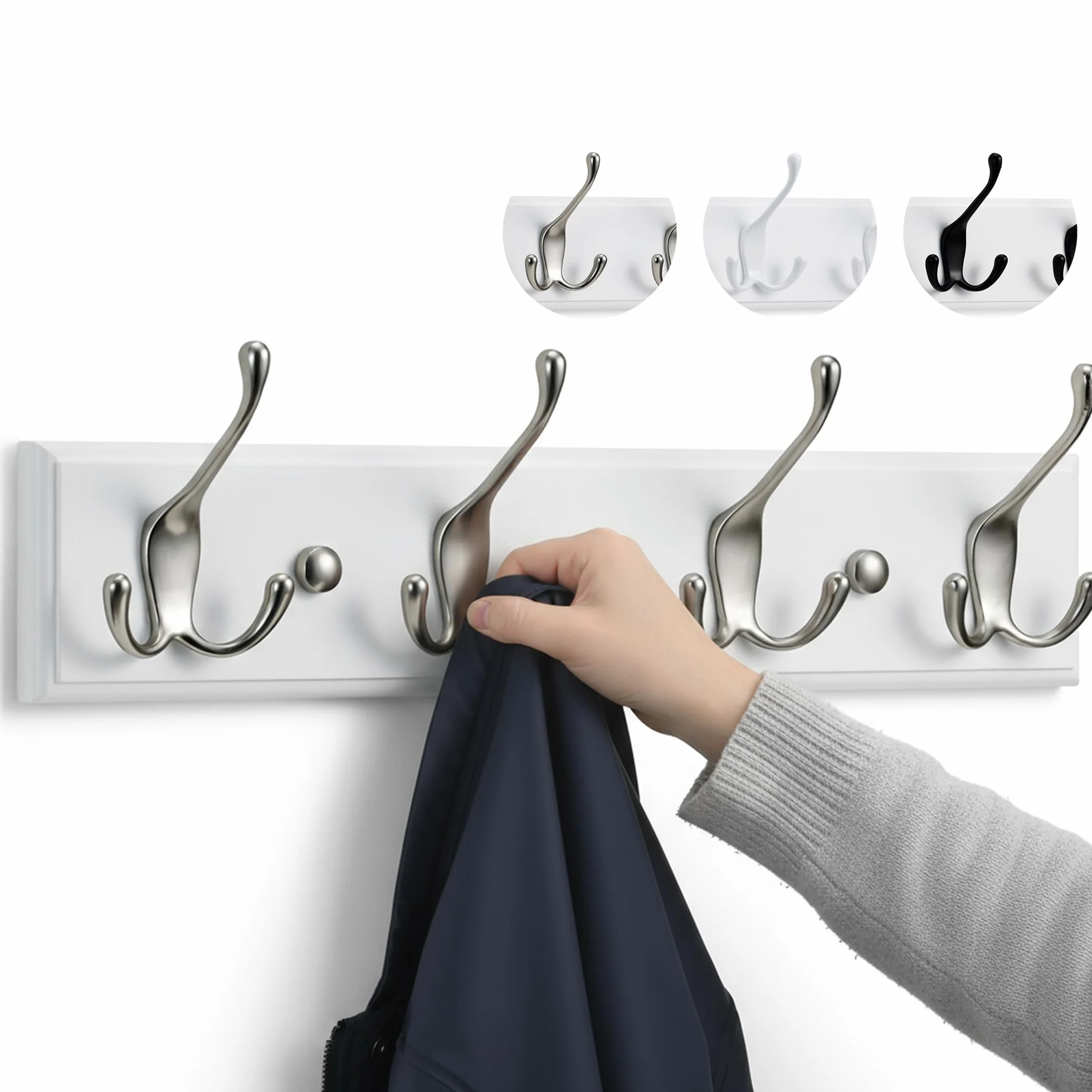 LARHN Appendiabiti da Parete Bianco 42 cm 4 Ganci Tripli Legno Moderno