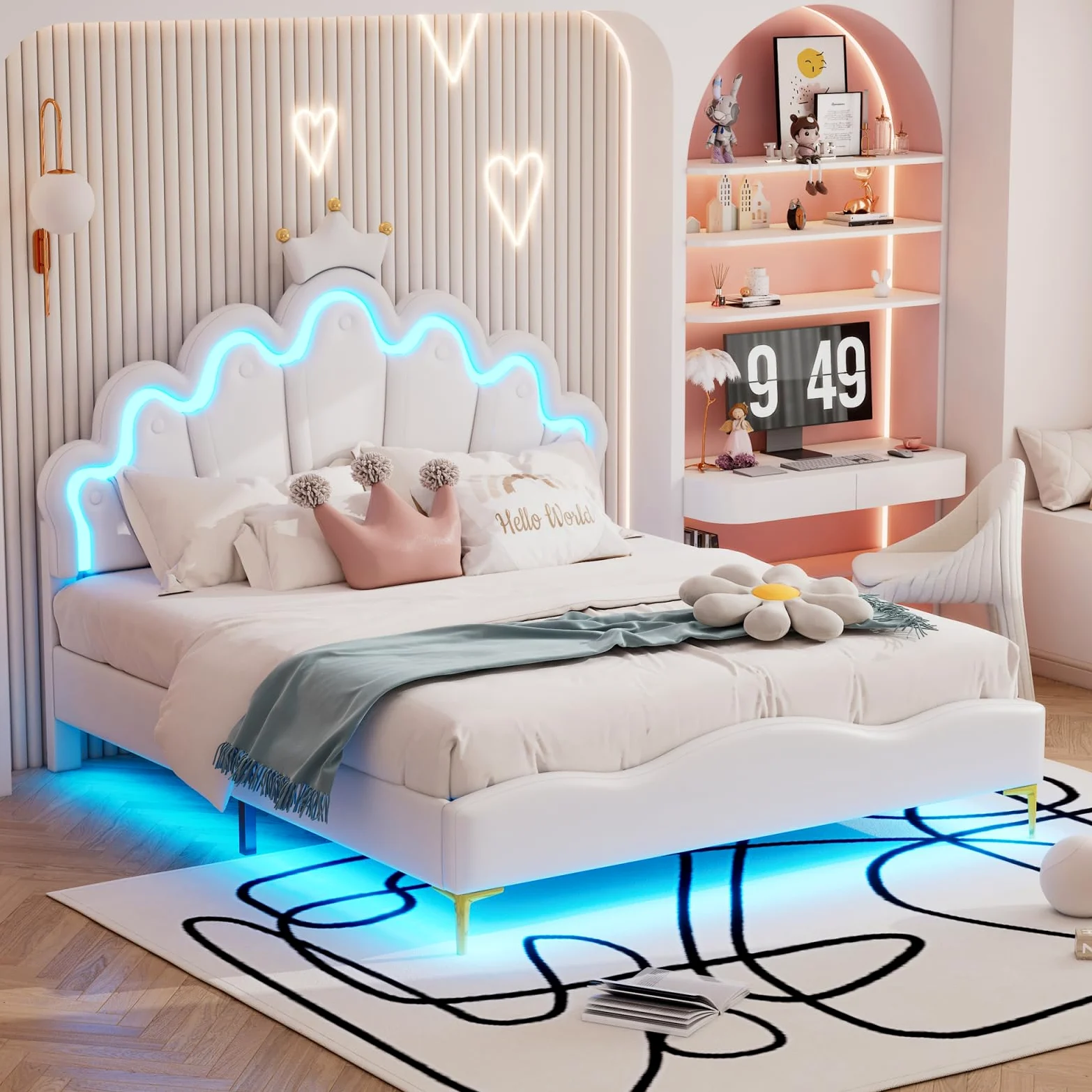 Letto per bambini imbottito 140x200 cm con LED, letto doppio per ragazza adolescente, testiera regolabile in altezza, design a forma di corona, rete a doghe, PU, senza materasso (bianco LED