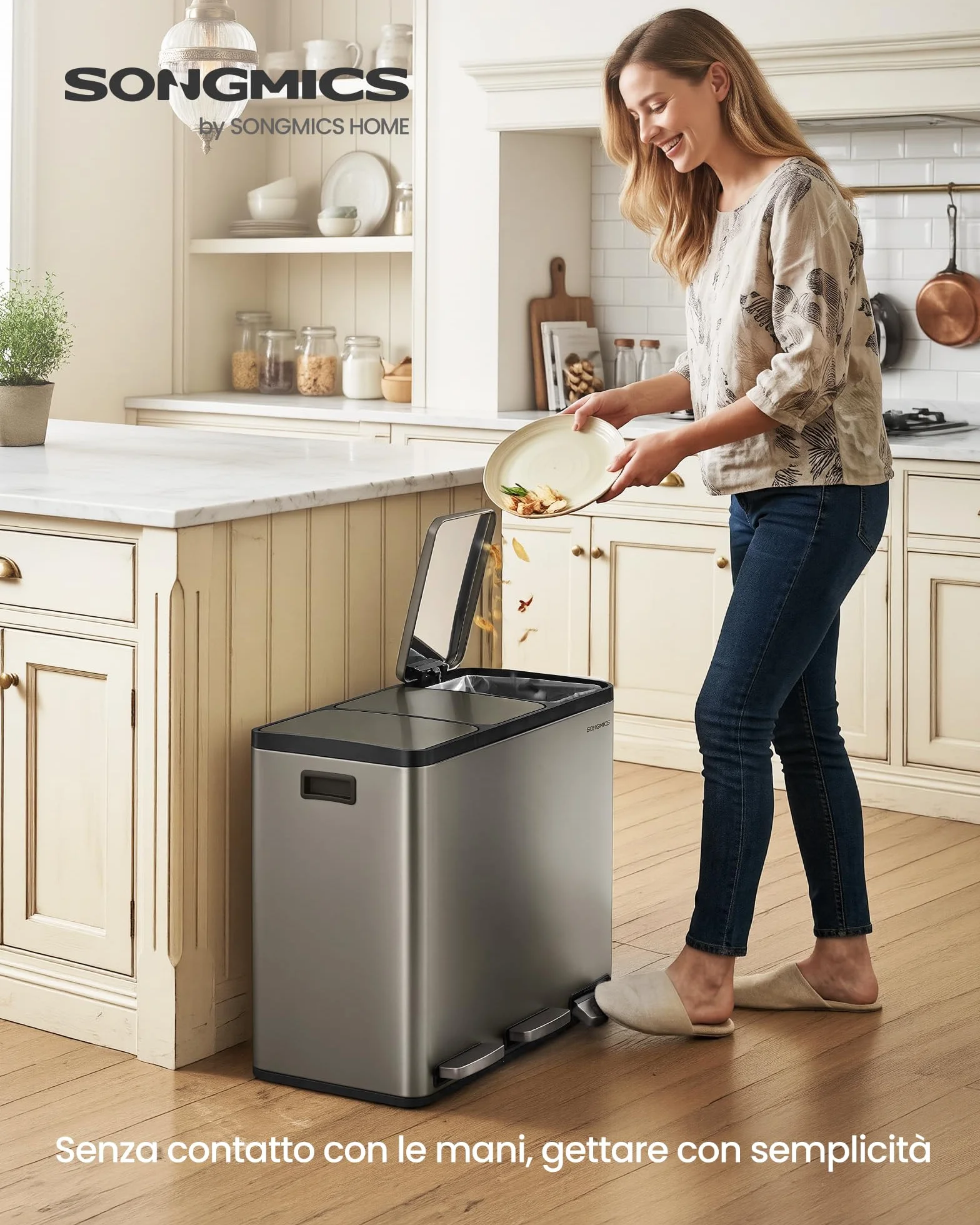 SONGMICS Pattumiera Cucina 3 x 18 L, Cestino per Raccolta Differenziata 3 Scomparti, 15 Sacchetti, Secchi Rimovibili, Coperchio, Maniglie, Chiusura Morbida, Acciaio Inox, Argento LTB254EZ01