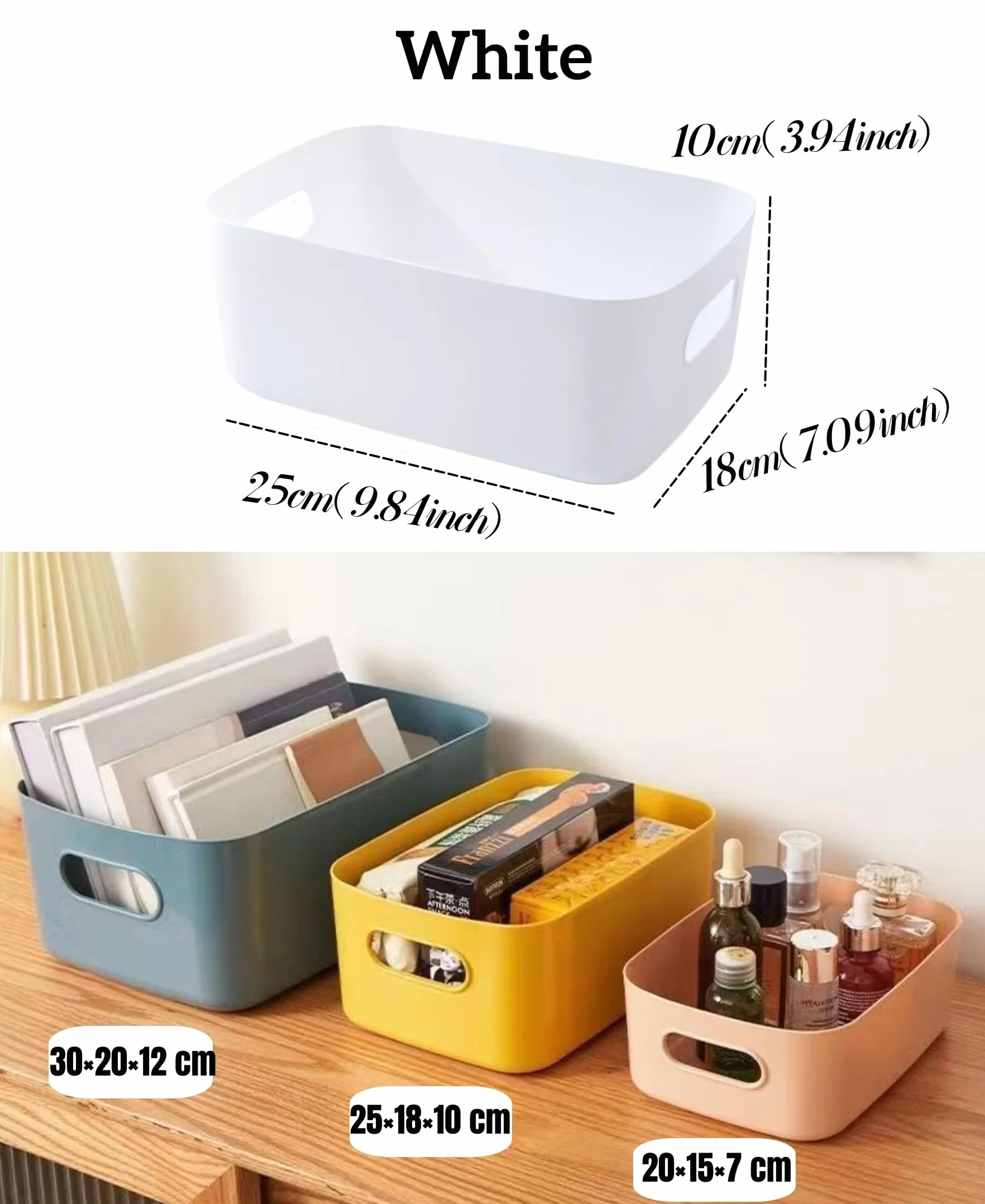 Cestini Portaoggetti Plastica con Manici Contenitori Armadio Organizer Cucina Bagno Cosmetici Bianco 25x17x10cm 6 Pack