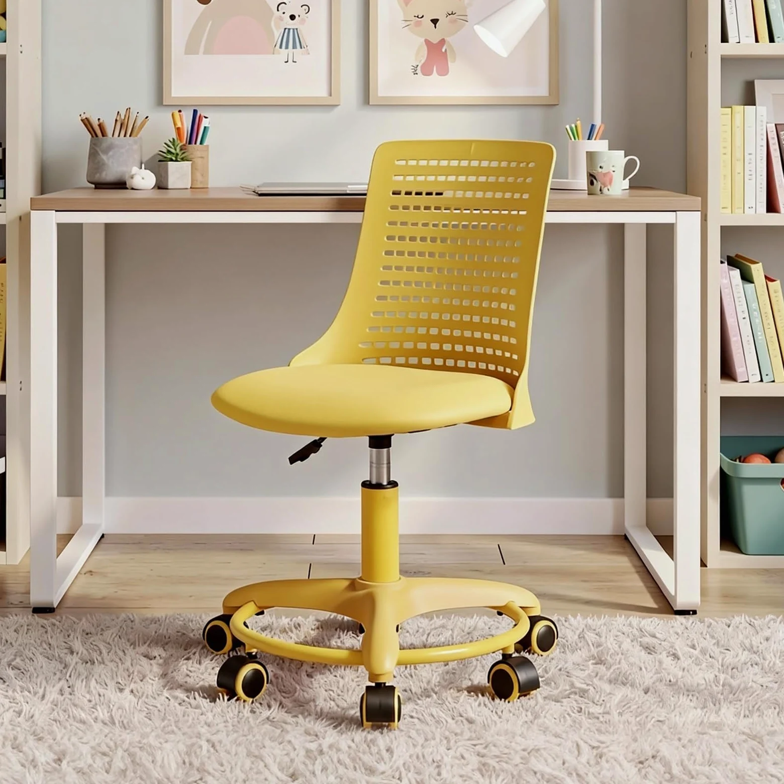 Ya-Home Sedia da Scrivania per Bambini Sedia Girevole Regolabile in Altezza Sedia Studio Bambina senza Braccioli Sedia Gioco Bambino con Schienale Sedia Bambini con Poggiapiedi per Cameretta, Giallo