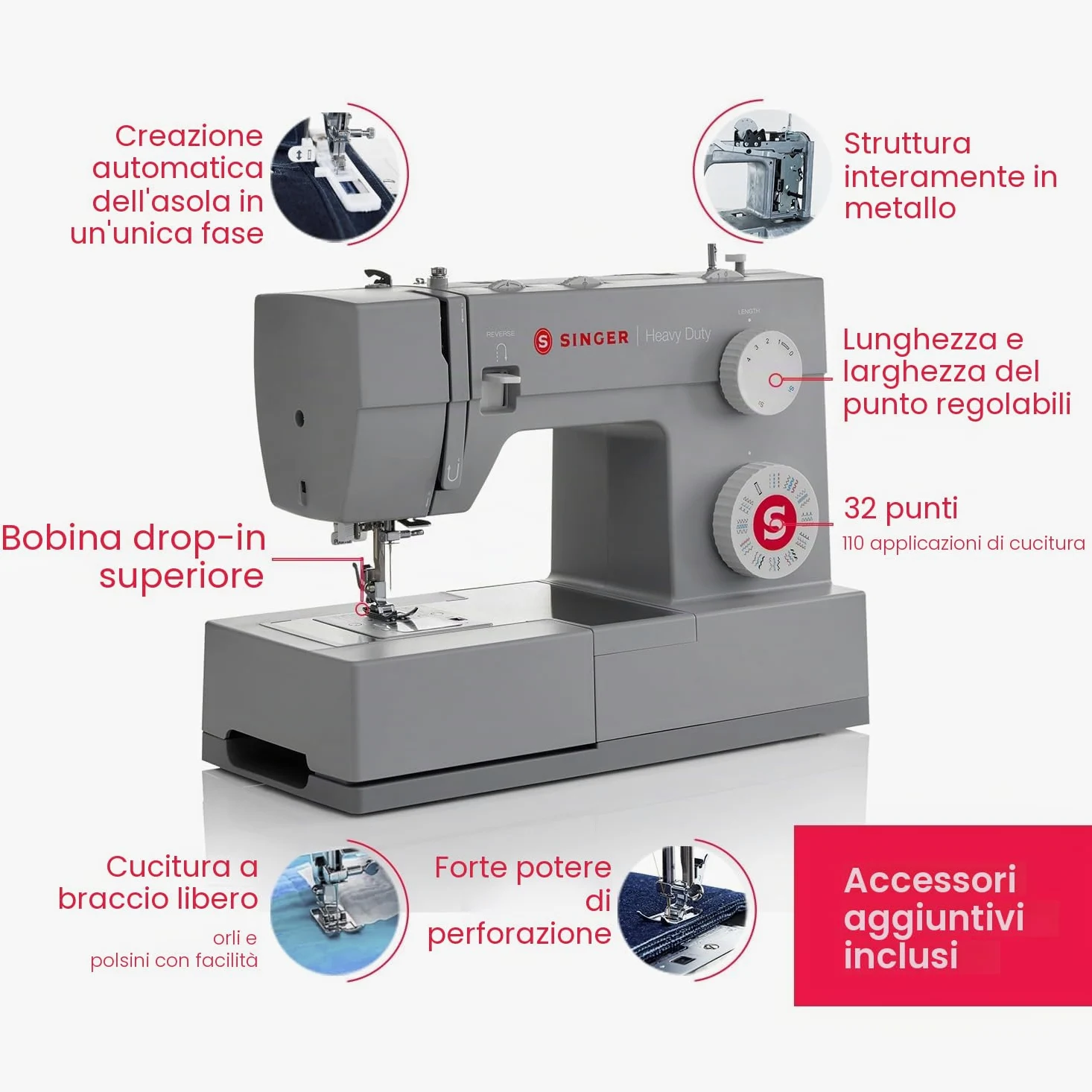 Macchina da cucire Singer 4432 Heavy duty con motore potenziato per tessuti pesanti
