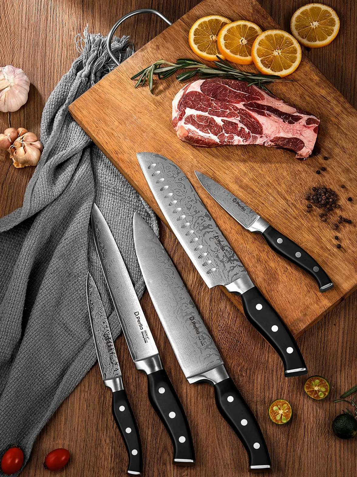 D.Perlla Set Coltelli da Cucina Professionale, Ceppo Coltelli in Acciaio 14 Pezzi, Ceppo Autoaffilante, Blocco Coltello in Legno, Nero