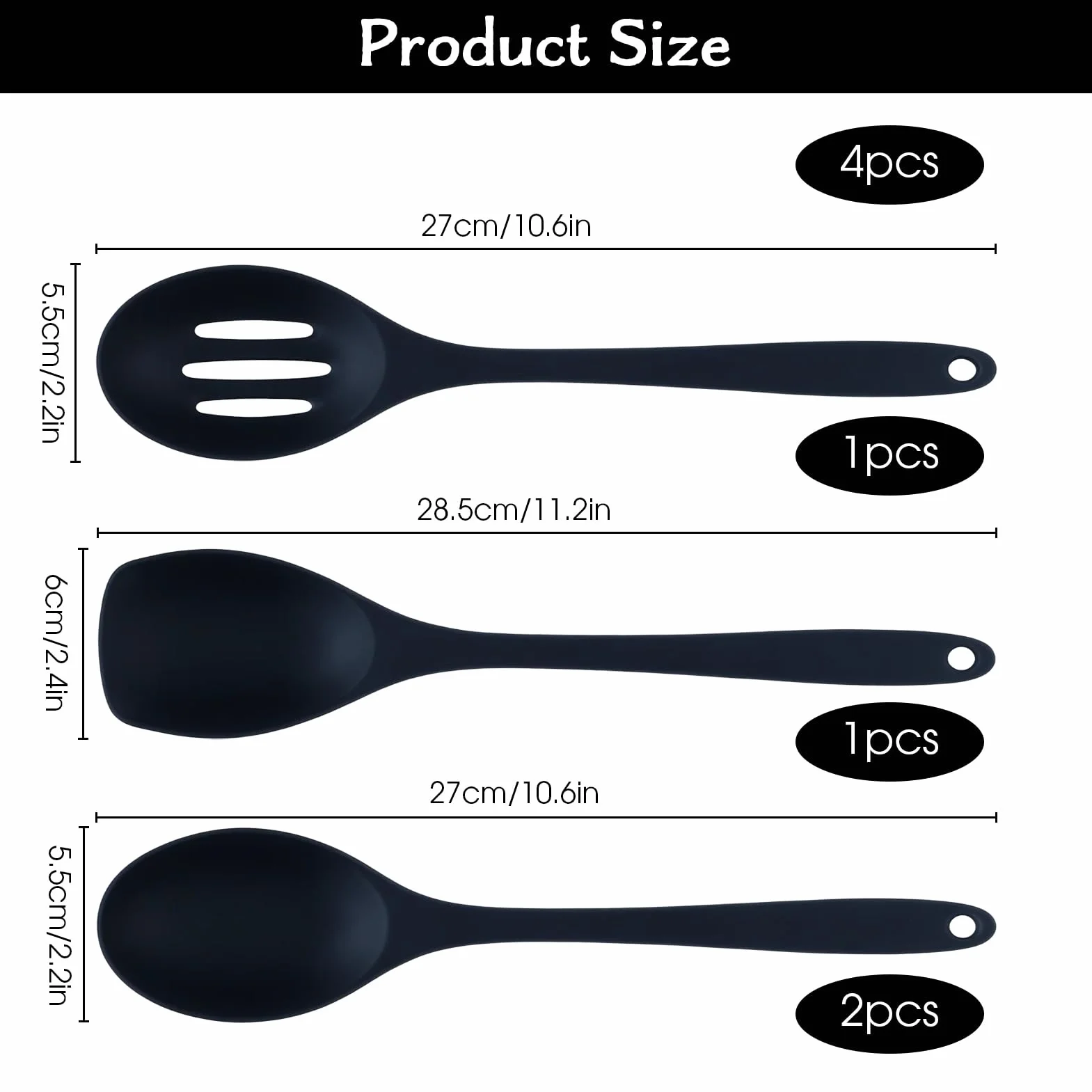 Set di Utensili da Cucina in Silicone 4 Pezzi Cucchiaio da Cucina Antiaderente Mestolo 27,5 cm