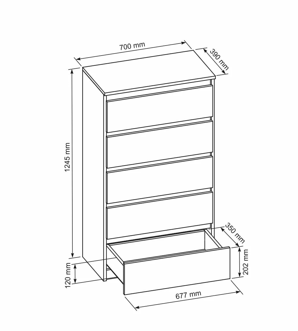 meble masztalerz Cassettiera con 5 cassetti - per la Camera da Letto e il Soggiorno – Mobili Salvaspazio 70 cm (Bianco Opaco)