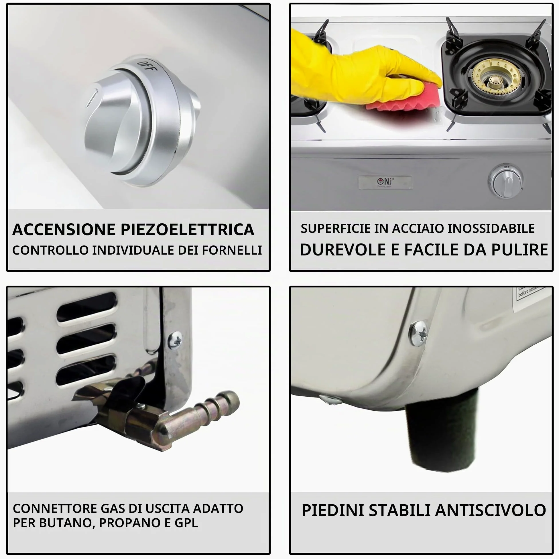 NJ NGB-200 Fornello a Gas Portatile 2 Fuochi Inox per Campeggio