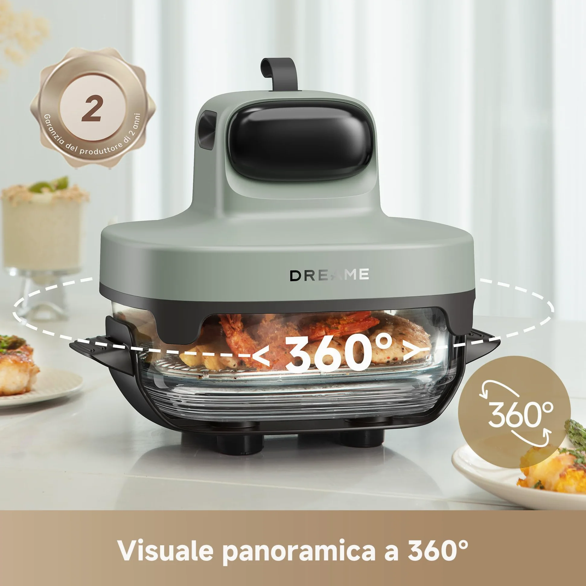 DREAME Tasti 5 in 1 Friggitrice ad aria in vetro portatile, Doppio contenitore (2,5 L + 4,5 L), Vetro borosilicato 6 mm, Circolaz. aria 3D, Lavabile in lavastoviglie, Panoramica 360°, Design modulare