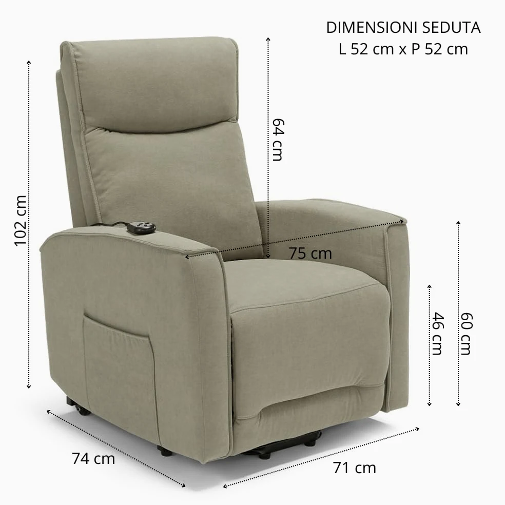 REDÒKASA Poltrona relax elettrica LONDRA per anziani, 2 motori, 2 ruote posteriori, Kit Optional Batteria, sistema reclinazione e alzapersona, tessuto idrorepellente (Senza Kit Batteria, Tortora)