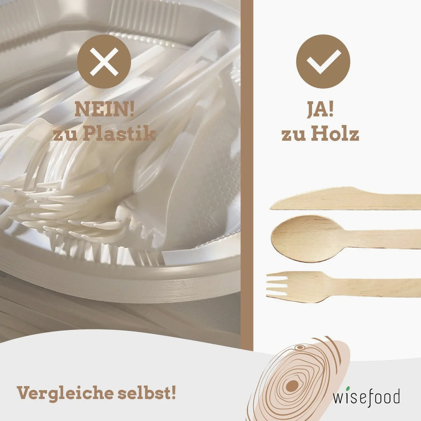Wisefood - Set di posate monouso in legno di betulla, 100 forchette, 100 coltelli, 100 cucchiai in legno, set da 300 posate monouso da 16,5 cm, biodegradabili e infrangibili (10 pezzi)