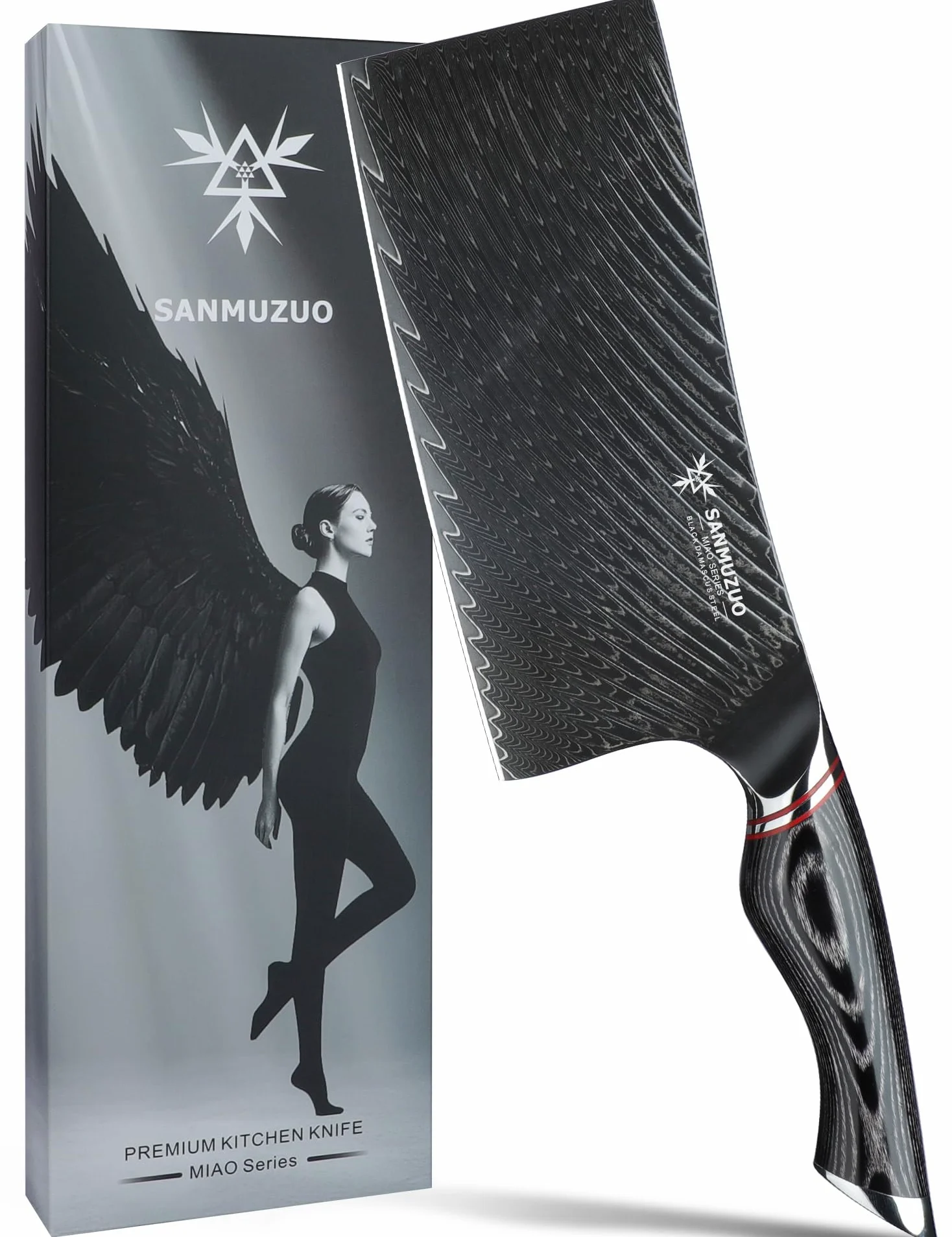 Coltello da macellaio da 18 CM - Coltello da cucina Cinese per verdure - Acciaio Damasco nero con manico ergonomico - Serie MIAO