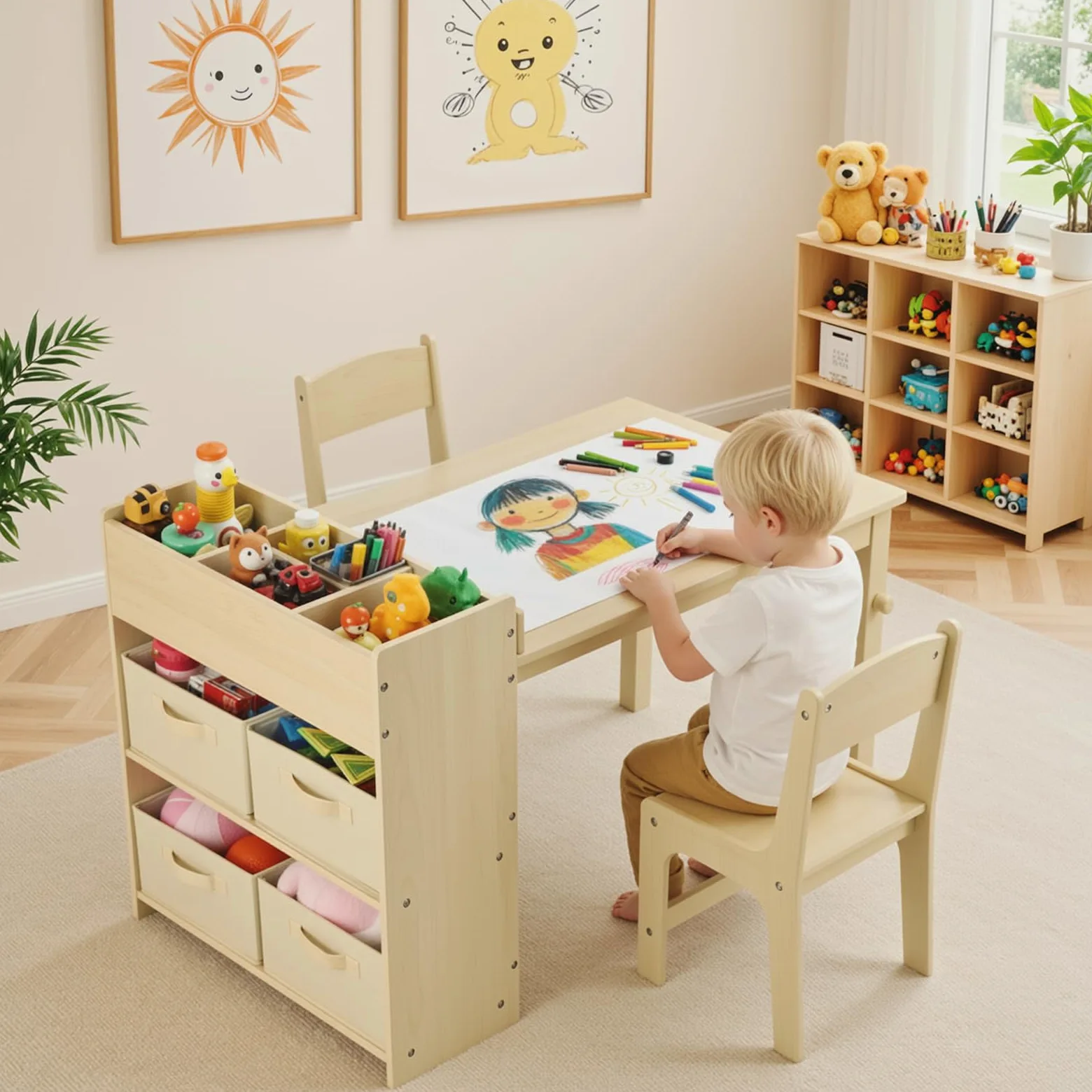 MAMIZO Tavolo per Bambini con 2 PCS Sedie, Tavolo in Legno con Rotolo di Carta, Mobile Montessori per Bambini 3-8 Anni, Ideale per Pittura/Leggere/Mangiare/Giocare, Montaggio Semplice Giallo