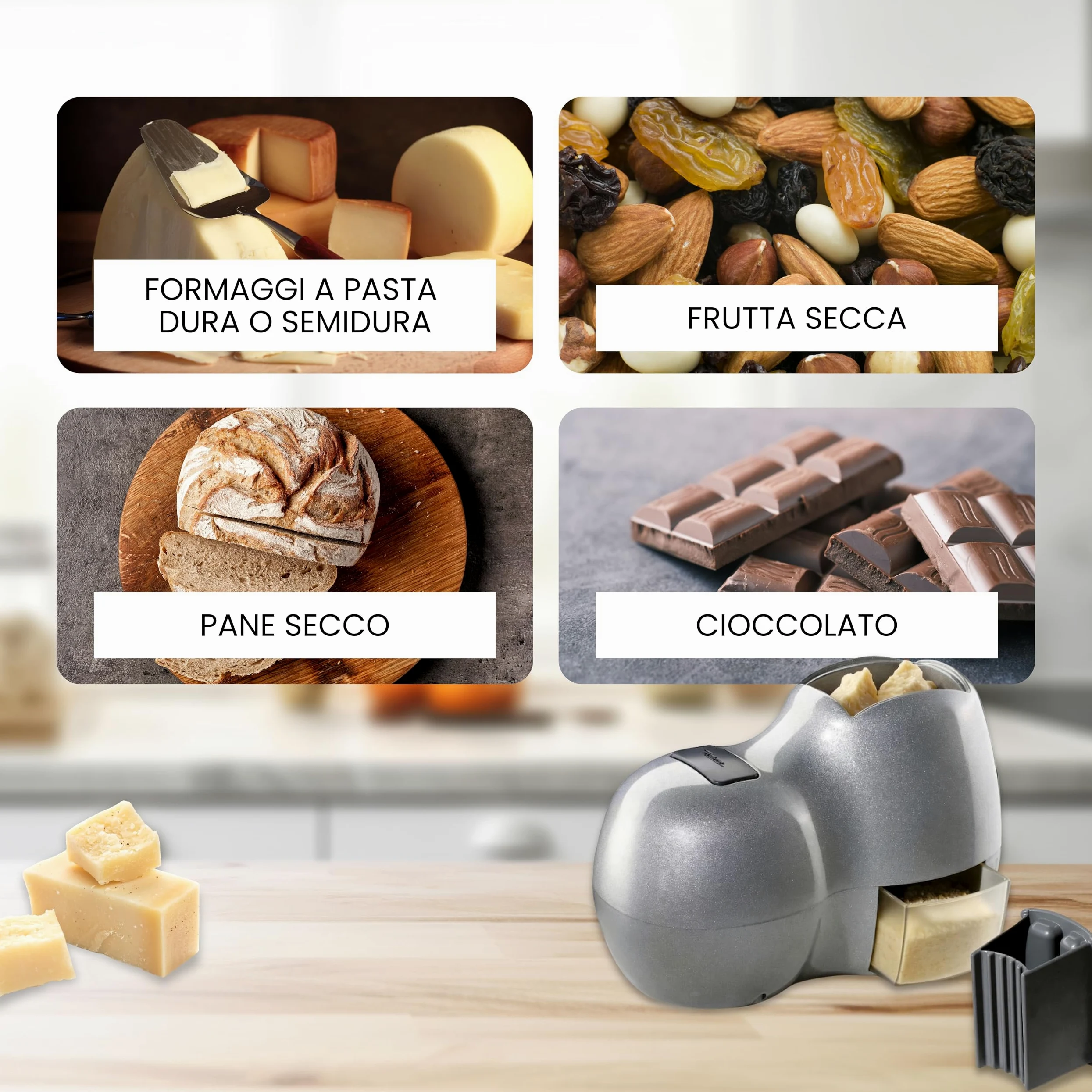 Reber Grattugia Elettrica per Formaggio 140W - Ideale per Parmigiano, Pane Secco, Cioccolato e Frutta Secca - Uso Continuo senza Soste - Facile da Pulire - Fido Silver