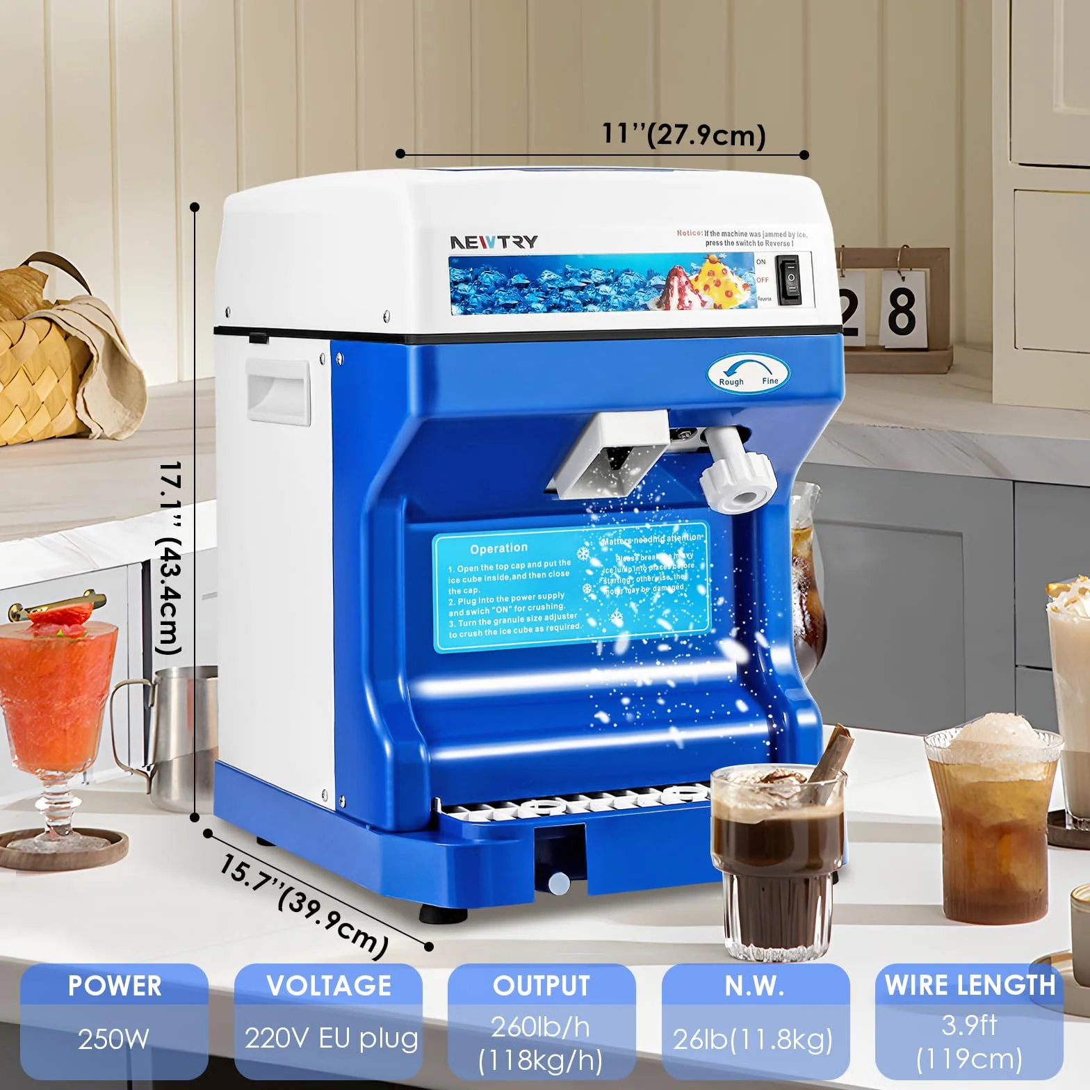 NEWTRY Tritaghiaccio elettrico commerciale 260 lbs/ora lame alluminio spessore regolabile