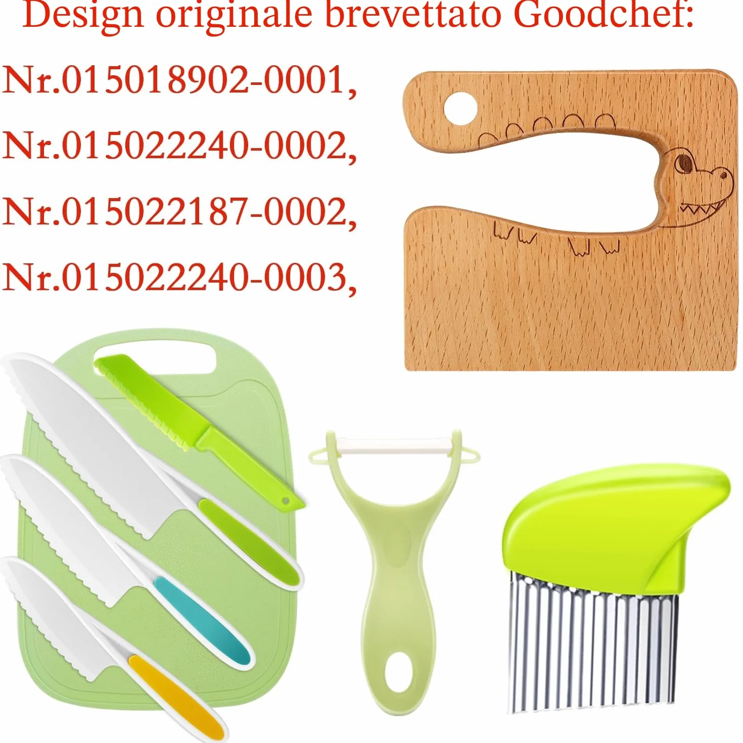 Set di 8 coltelli da cucina per bambini, per tagliare e cucinare, frutta o verdura, incluso coltello in legno, tagliere e pelapatate, pesce