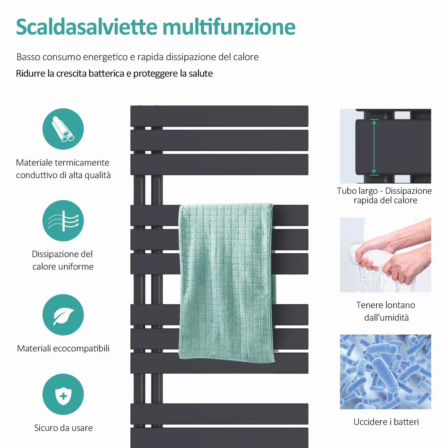 EMKE Scaldasalviette termoarredo piatto, Termoarredo da Bagno, 1041 x 400 mm, Antracite colore, collegamento laterale, 456W, radiatore scaldasalviette ad acqua calda
