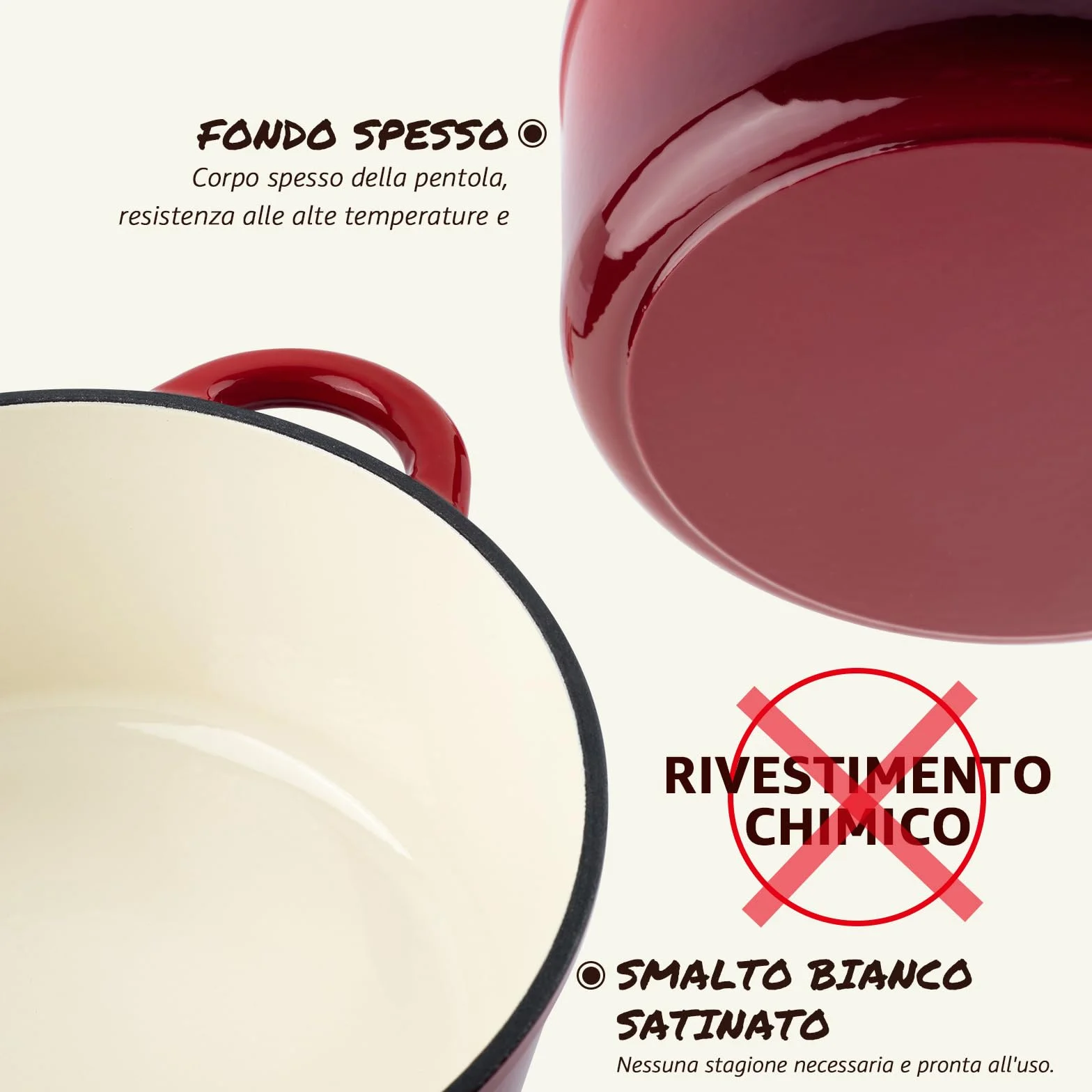 Overmont Casseruola in Ghisa Smaltata - Antiaderente Forno Olandese con Coperchio - Ø26 CM Rotonda Cocotte per Adatto a Piani di Cottura e Forni a Induzione - Rosso