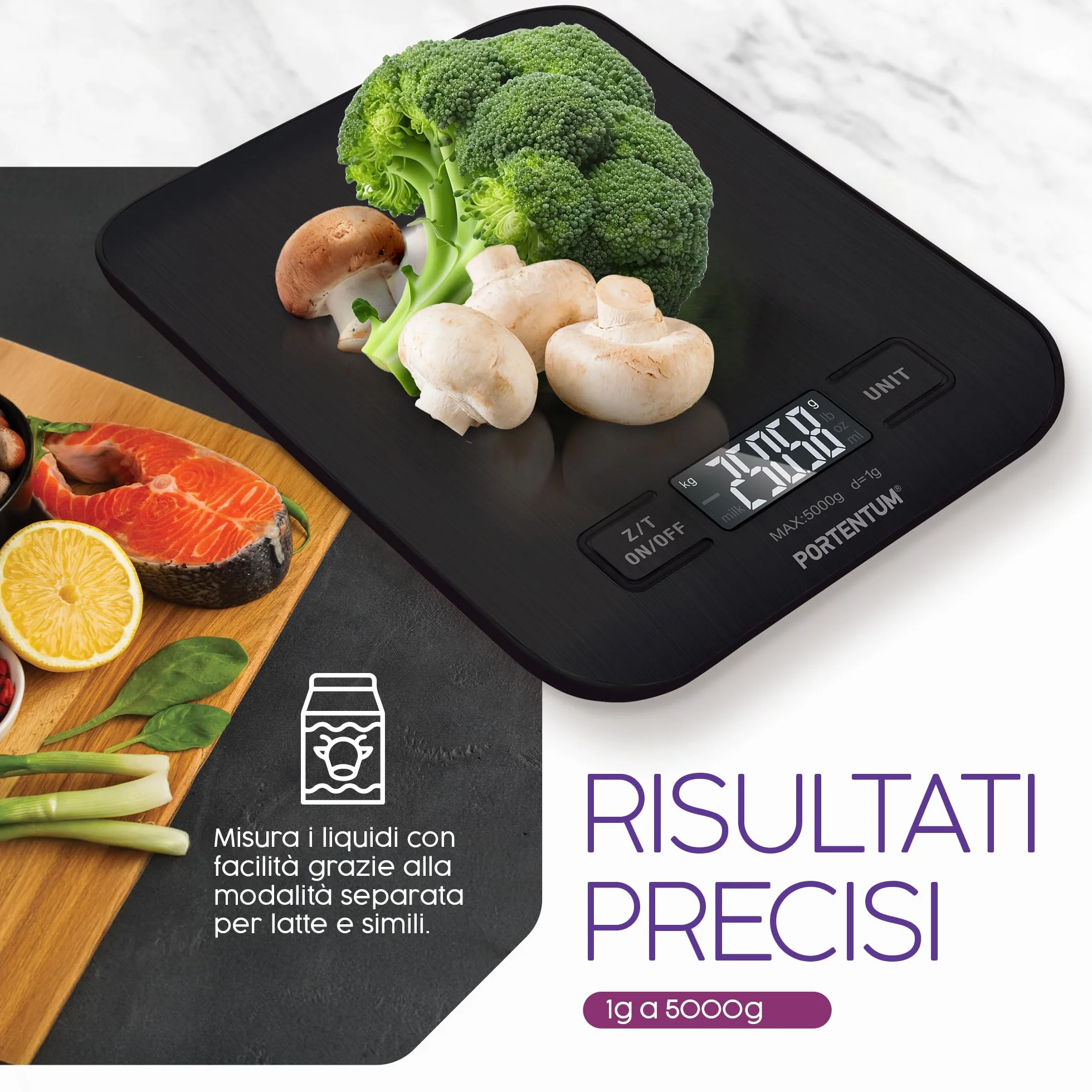 PORTENTUM Bilancia da Cucina Acciaio Inossidabile 5 kg LCD, Nero