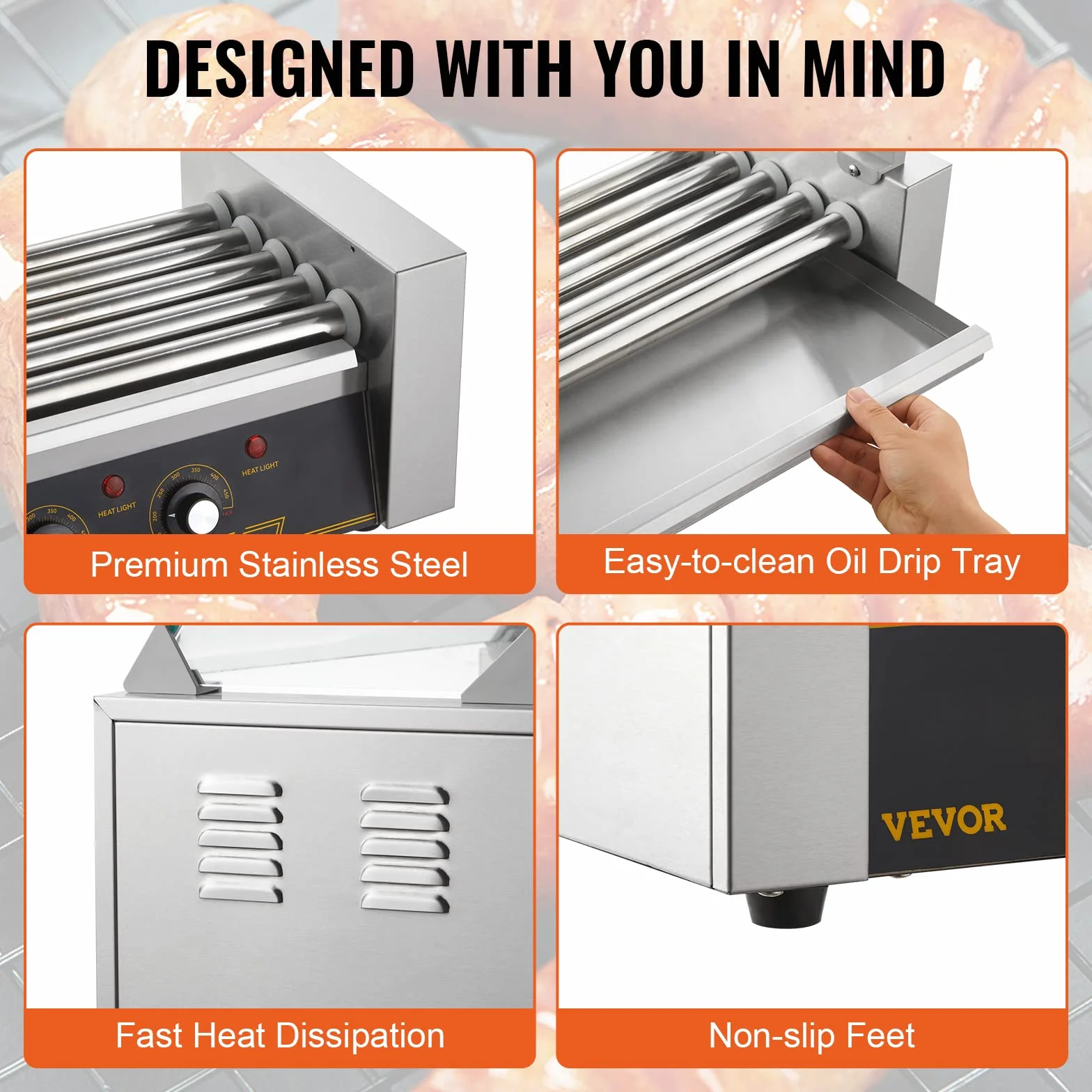 VEVOR Rouleau hot-dog, 5 Rouley, Grigliati a Macchina con Salsicce e Insolubili con Doppio Controllo della Temperatura, 12 hot-dog1000 W Macchina hot-dog con Couvercle, Autista Versa Petits Dolori