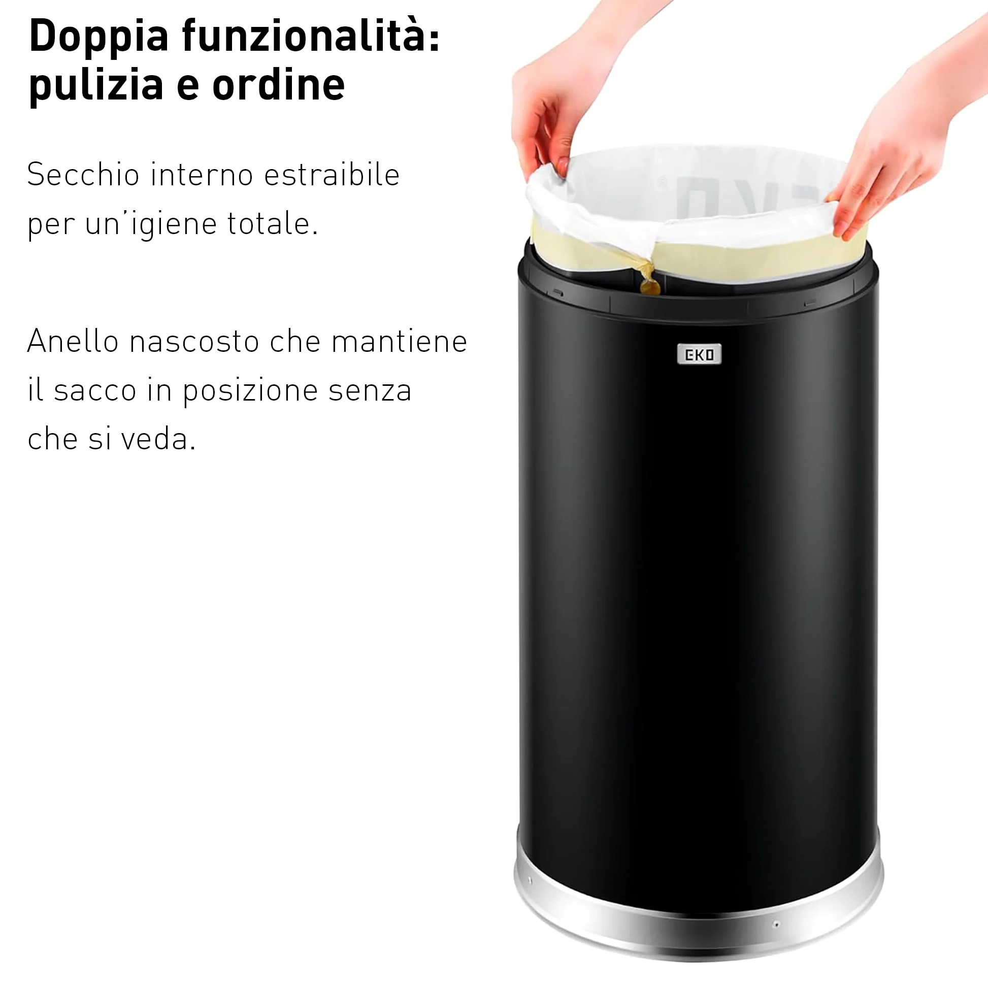 EKO Pattumiera 30L Eternal Nero Opaco Acciaio Inossidabile Uso Commerciale, per Interni ed Esterni, Pattumiera in Metallo Extra Large per Casa Ufficio Secchio Interno in Metallo.