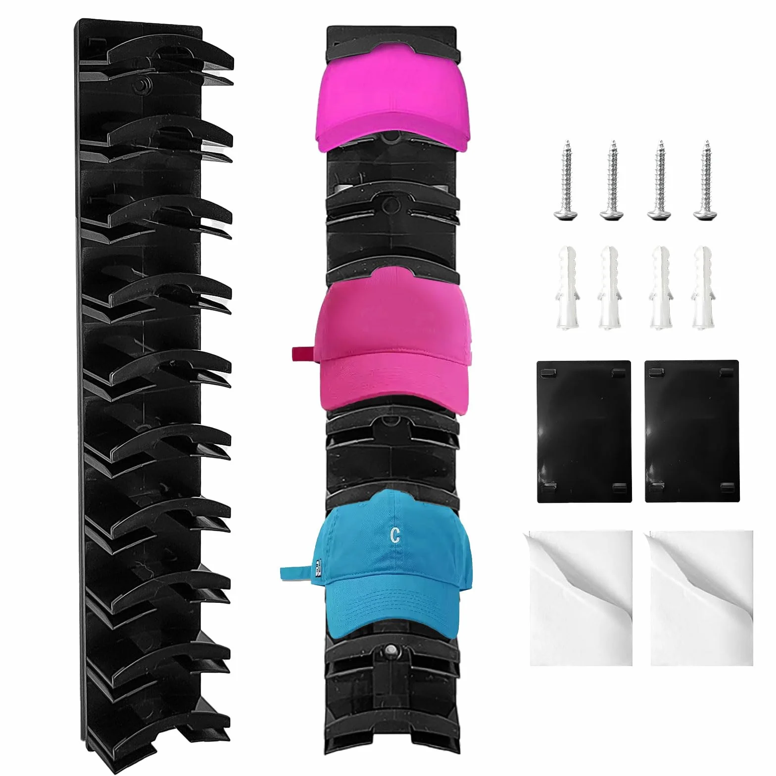 2 Pezzi Porta Cappelli da Parete, con Adesivo Forte/Trapano a Muro, Due Metodi di Fissaggio, Materiale Plastico, Possono Sostenere 20 Cappellini (Nero)