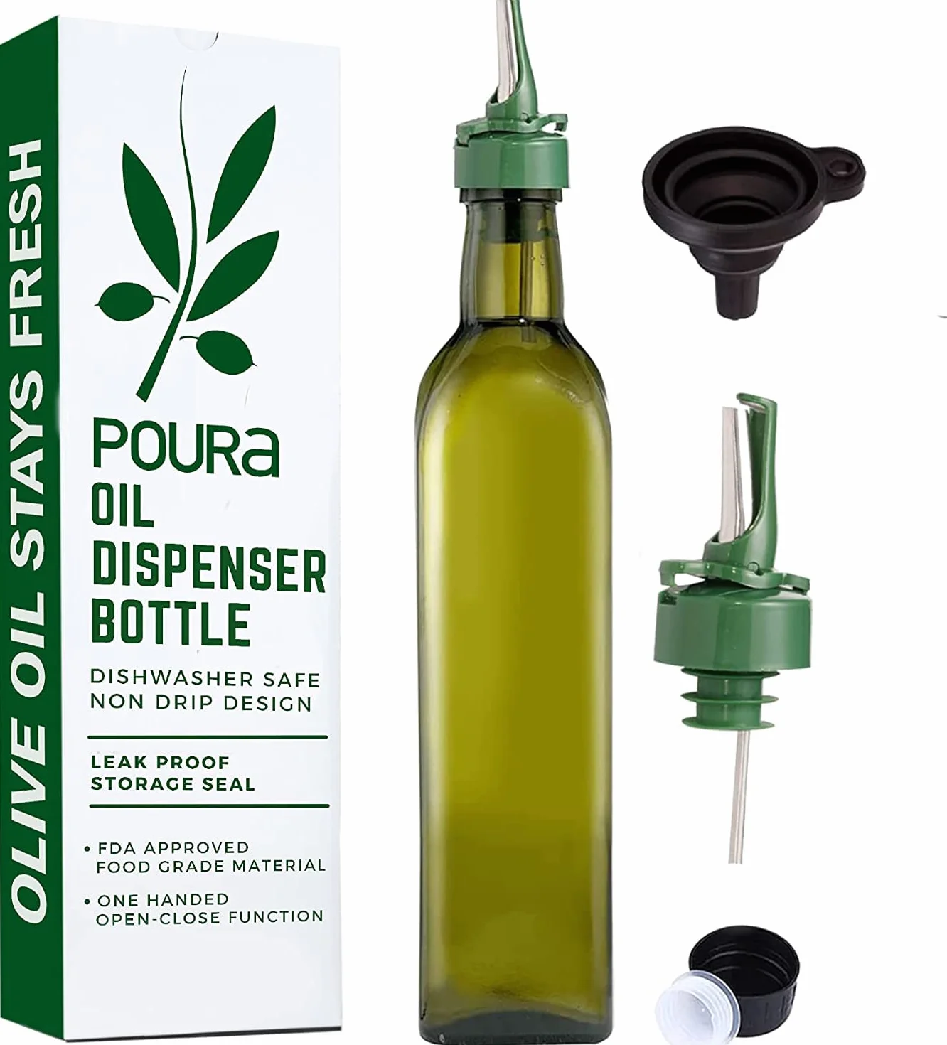 Poura Bottiglia Olio d'Oliva e Aceto Set Vetro 500 ml con Tappo Dosatore Salvagoccia ClickSeal e Imbuto Silicone