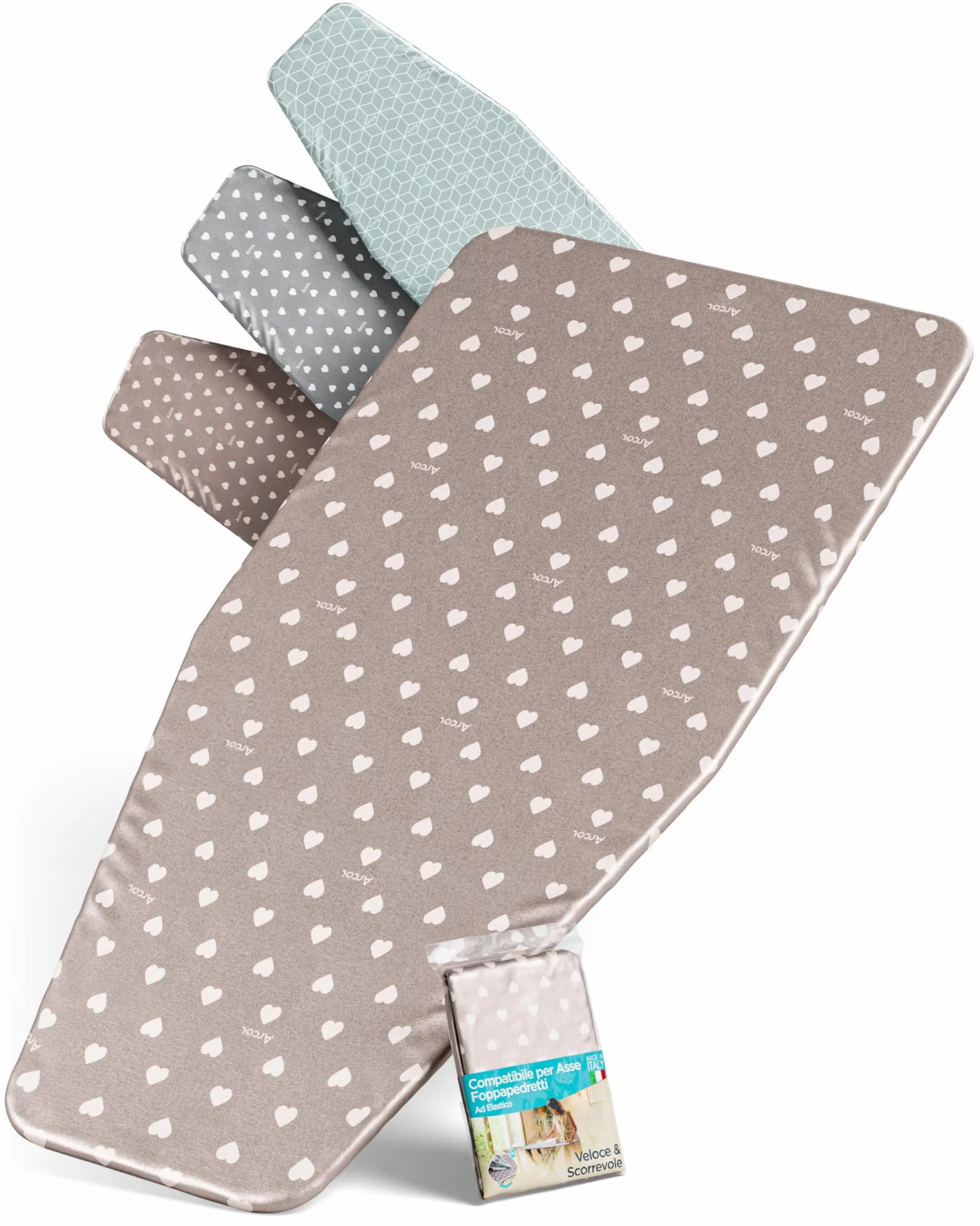 ARCOL Copriasse da Stiro ad Elastico Compatibile per Asse da Stiro Foppapedretti - Made in Italy - Ricambio Copertura asse da Stiro 100% Cotone - Telo asse da stiro (Copertina, Beige Cuori Bianchi)