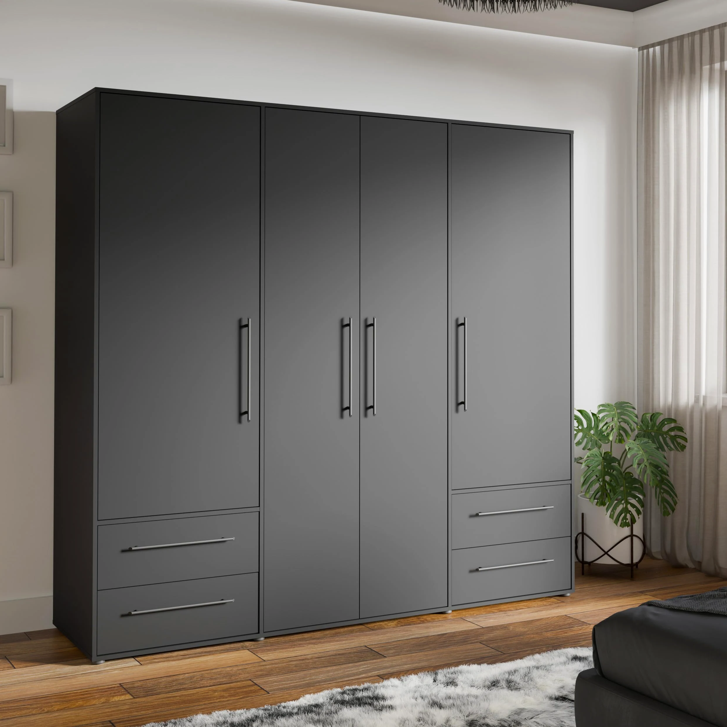 Forte Jupiter 200 210 - Armadio a 4 ante a 4 ante con 4 cassetti, in legno, colore nero opaco, larghezza 205,9 cm, altezza 200,1 cm, profondità 58,8 cm