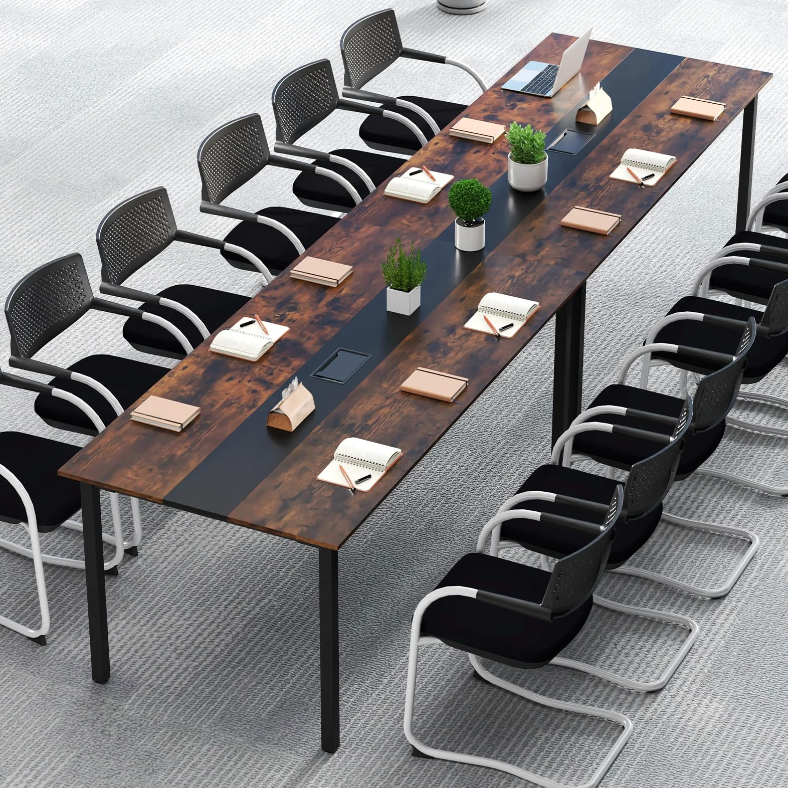 GYMAX Tavolo Discussioni di Gruppo per 8-10 Persone, Sistema di Gestione dei Cavi, Grande Scrivania Rettangolare per Riunioni in Ufficio, Sala Conferenze, 180 x 90 x 75,5 cm, Stile Industriale