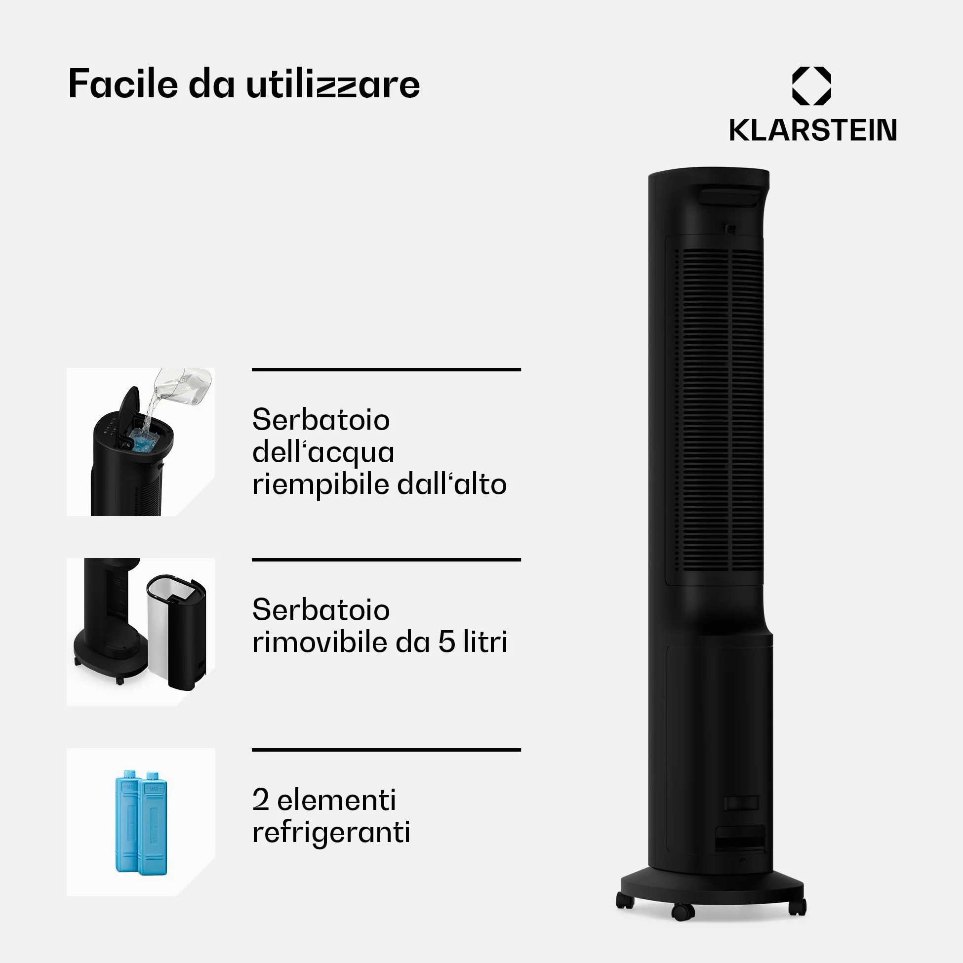 KLARSTEIN Raffrescatore Evaporativo, 5L Serbatoio, 300 m³/h, Timer 24h, Telecomando, App, Raffrescatore Portatile per Casa & Camera da Letto, Black