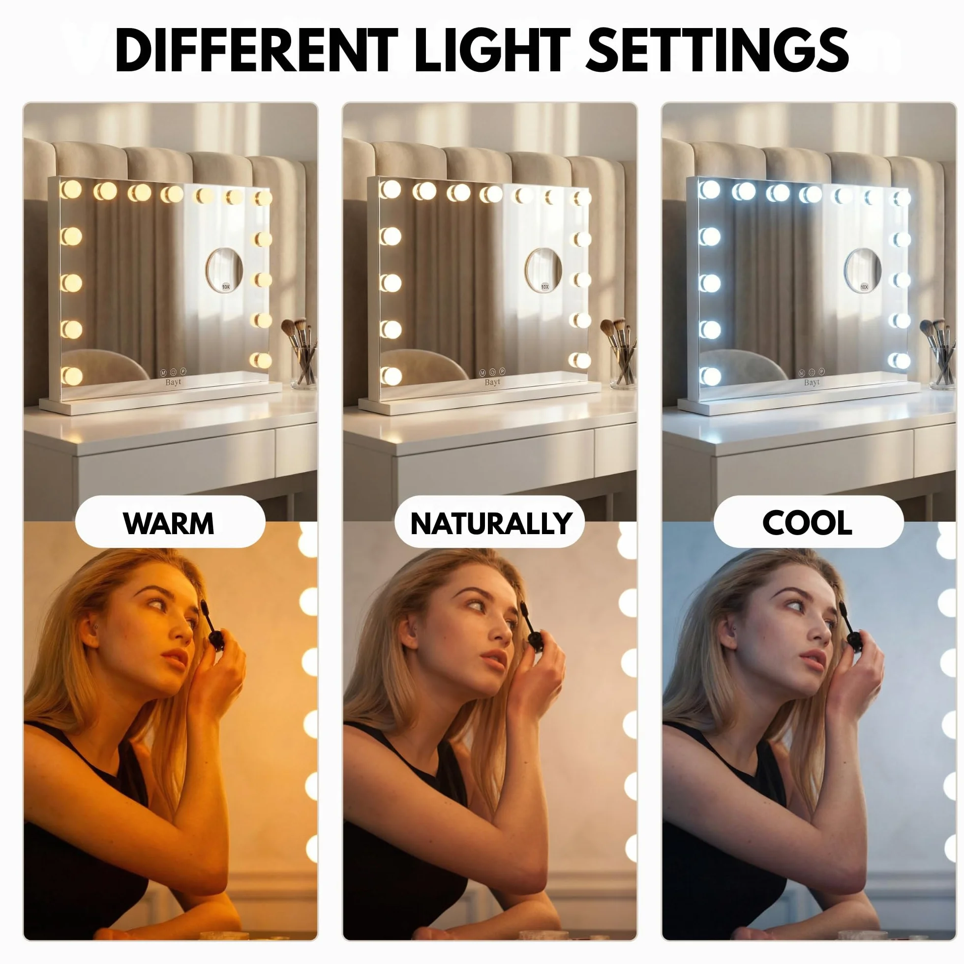 Bayt Specchio Hollywood con luci LED – Specchio Trucco Bianco 58x46 cm con 15 Lampadine Dimmerabili, 3 Tonalità di Luce (calda, fredda, naturale), Touch Screen & Specchietto Ingranditore 10x