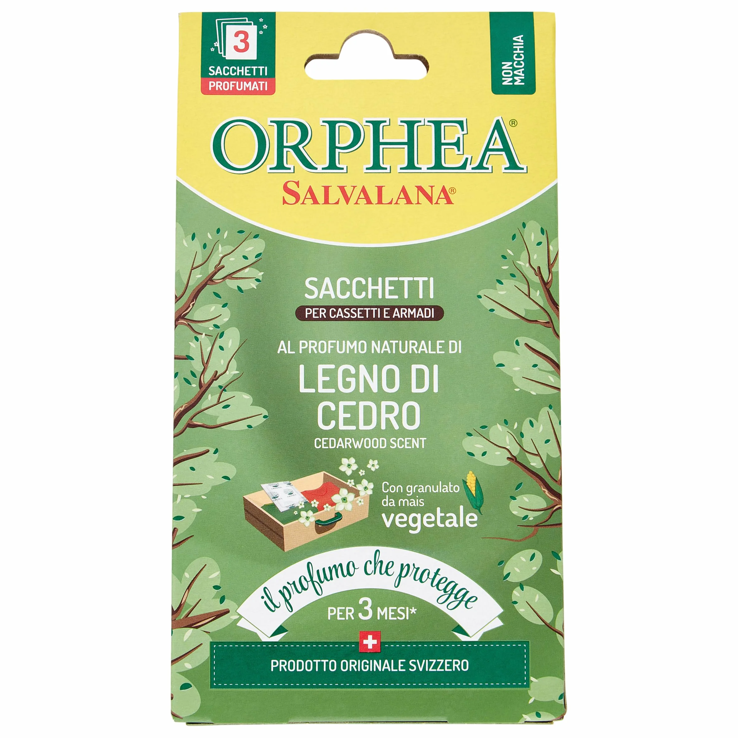 Orphea Salvalana, Sacchetti per Cassetti e Armadi, Per Lana e Vestiti Tutta la Stagione, Profumo di Legno di cedro, 3 Sacchetti in Carta di Canapa