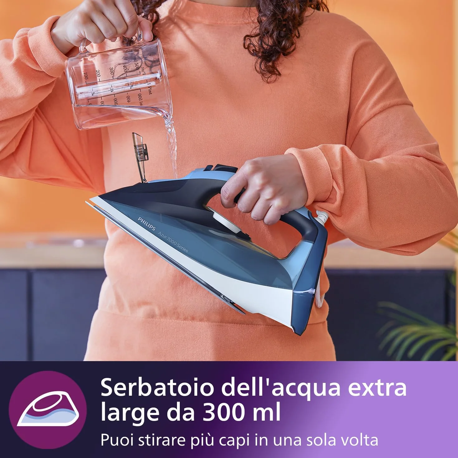 Philips Azur Series 7000 Ferro da Stiro a Vapore - 2800 W, Vapore Continuo 50g/min, Colpo Vapore da 250 g, Vapore Verticale, Piastra SteamGlide Plus, Blu/Azzurro (DST7020/20)