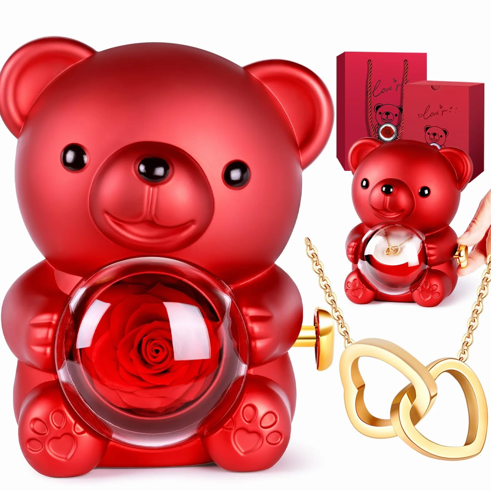 Orso di Rosa Eterna con Collana a Cuore, Orsetto Stabilizzato, Regalo San Valentino per Donna