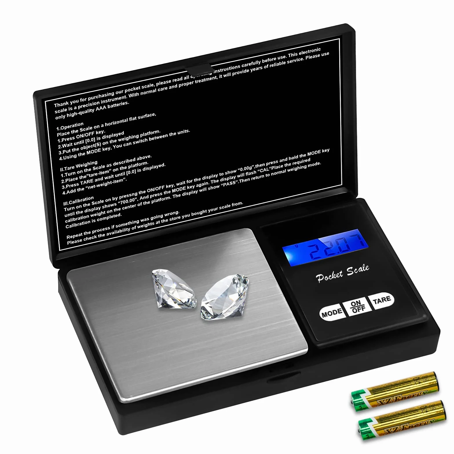 QEIHITYO Bilancia di precisione, 500 g/0,01 g, con display LCD e funzione per caffè erbe, gioielli pietre preziose, 7 unità (2 batterie incluse)