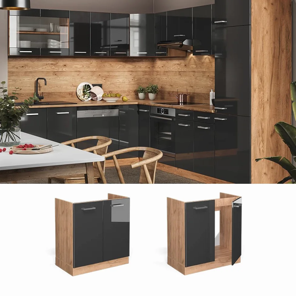 Vicco Mobile lavello cucina R-Line, Antracite lucido, 80 cm senza piano di lavoro, per la libera combinazione all'interno di sistemi cucina modulari