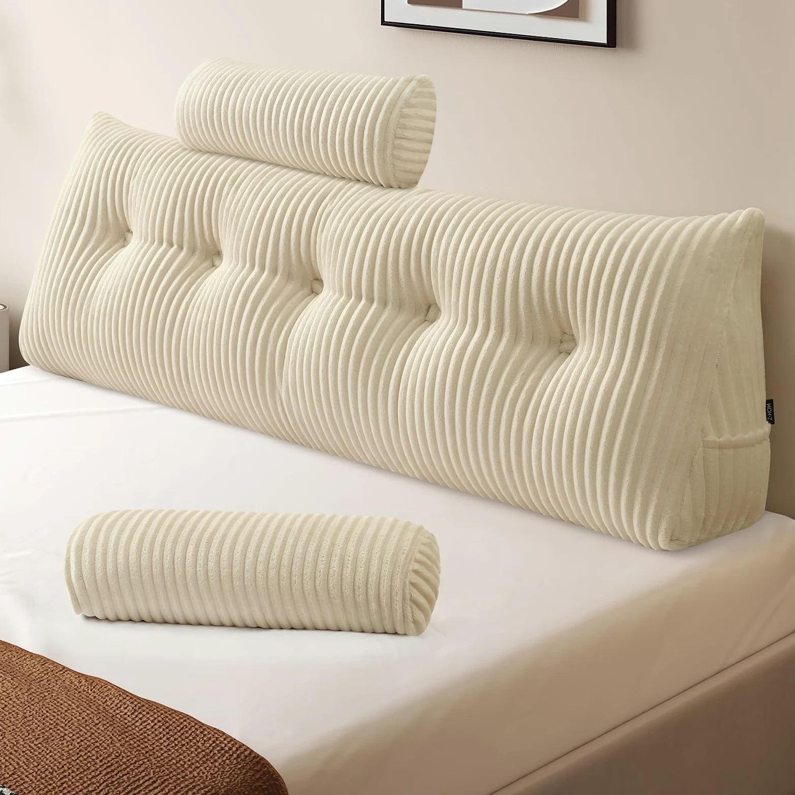 Z-hom Cuscino Schienale, Cuscino triangolare per testiera con fodera rimovibile, Cuscino da lettura per letto, cuscino schienale divano, cuscino da lettura, crema (150 x 50 x 20 cm)