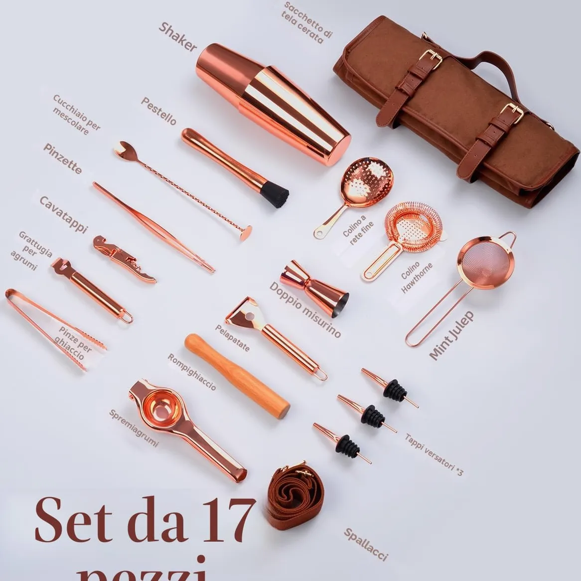 Kit Bartender Professionale di 17 Pezzi, Set Cocktail Shaker, Set Professionale da Bar Portatile per Cocktail, Borsa Kit Bar in Canvas Cerato con Tracolla per Barman, Feste